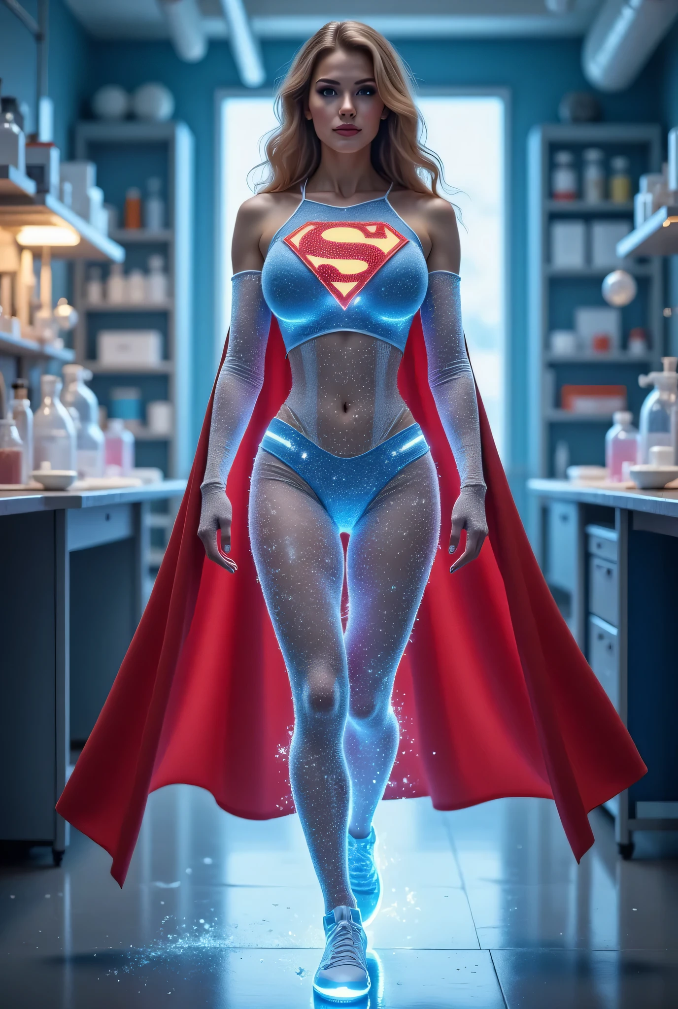 ENHANCHED BY SUPERGIRLS DNA, YOUNG ABBY EMERGES BIBMOFIED FROM HER LAB AS SUPERGIRL WEARING A TRANSPARENT SEE THROUGH FROSTED ICE SUPERGIRL COSTUME AND RED CAPE WITH A LARGE "S" EMBLEM.