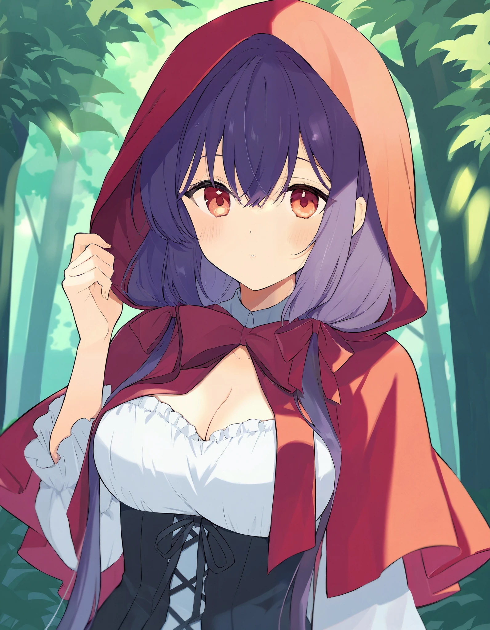 'Little Red Riding Hood' 1women, forest, red cloak and hood,cleavage, large ribbon,soft colors,