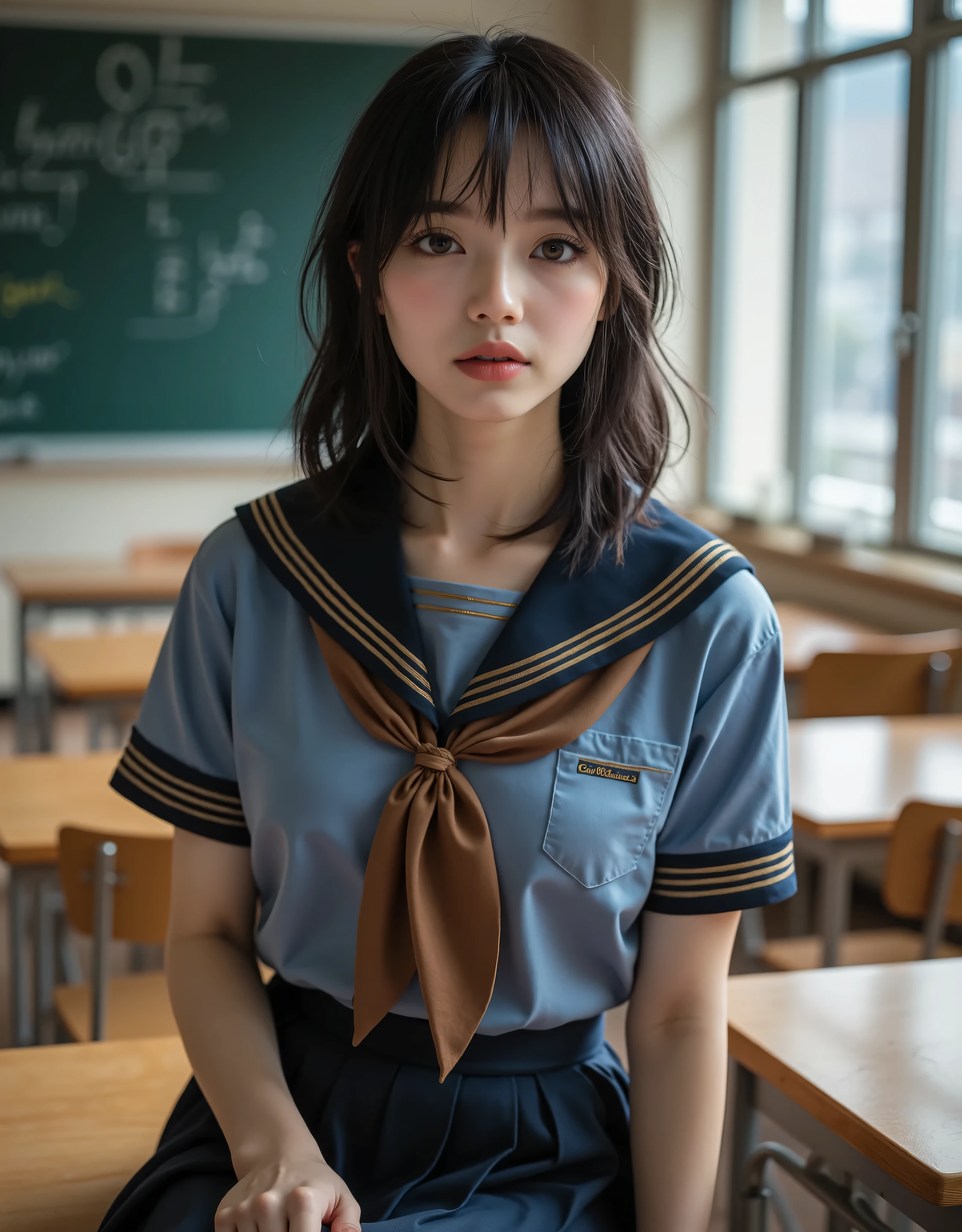 (Canon), (EOS R5), (50mm), ((( photorealistic:1.5))), (No lens flare :1.5), ((超 high resolution)), ( Masterpiece), accurate,( is present な質感の肌), Super Detail, high detail, high quality , Award-winning work , 最 high quality, 32K, depth of coverage, digital camera, award-winning glamour photo , professional lighting, (SFW), ((最 high quality:1.5)), (( Masterpiece:1.5)), (( is present )), high resolution, is present な影, Roughness, Real Life,( 1 Japanese woman so beautiful and cute), ( The cuteness of Japan's top idol ), ((Upper body shot seen obliquely from the front :1.5)), (( upper body shot from head to knee :1.5)), (( cute 18-year-old Japanese high school girl )), (( high school classroom , desk, chair, blackboard, and window visible )), (((Navy blue short sleeve sailor suit with dark blue collar and 3 brown lines :1.8))), ((( The collar and chest are dark blue and have 3 brown lines, a short-sleeved navy blue summer suit sitting on a chair wearing a sailor suit and a dark blue flare skirt:1.8))), (( short sleeve navy blue sailor suit with dark blue collar and breastplate :1.8)), (( no front buttons on a sailor suit :1.8)), (( sailor suit chest is dark blue with 3 brown lines :1.5)), (( dark blue flare skirt :1.5)), ((Brown scarf for sailor suit :1.8)), ((Navy blue scarf closure :1.5)), (( no accessories:1.5)), (( No Earrings :1.5)), ((Without necklace:1.5)), ((Women's watch on her left arm )), (( a very cute high school girl who feels young )), Attractive cuteness , seductive pose holding hands, Height: 160cm, slim figure, Beautifully shaped bust, D Cup, (( Very Cute Smile :1.5)), ( alone:1.5), (There is only one person in the classroom), ( brown eyes:1.9), ( Detailed depiction of extremely realistic skin ), (Highly detailed, realistic eyes:1.9), (Very beautiful, Long, realistic eyelashes), (Highly detailed, realistic eyebrows), (丸い brown eyes :1.8), ( beautiful catchlight on the eyes), (Realistic lips with moisture ), ( white realistic teeth neatly arranged ), ( Beautiful and Detailed Face :1.6), ( hourglass figure:1.6), (Wasp waist :1.5), ( Perfectly round and beautifully shaped bust :1.8), ( clearly contoured cheekbones :1.5), ( perfectly styled body :1.8), (Healthy body :1.8), (Narrow shoulders:1.9), ( is staring at the viewer), ( Seductive Gaze ), (Beautiful, natural-looking hands), ( beautiful pink nails with beautiful length), ( show your hands as little as possible ), ( very cute smile:1.1), ( her stomach and navel may be slightly visible:1.4), ( dark hair medium hair :1.3), ( beautiful black hair), ( Has bangs), Natural atmosphere, Very cute type, beautiful thighs, (( evening classroom )), (( with a pencil case and notebook on her desk :1.4)), (( show your hands as little as possible )), ((I can't show my feet)), background, Illuminate the face, dynamic pose with an enema, beautiful body line , Beautiful, realistic skin , Art Photography, beautiful soft lighting , Accurate , Accurate , Accurate,5 fingers on one hand ,((No watermark, No signature))