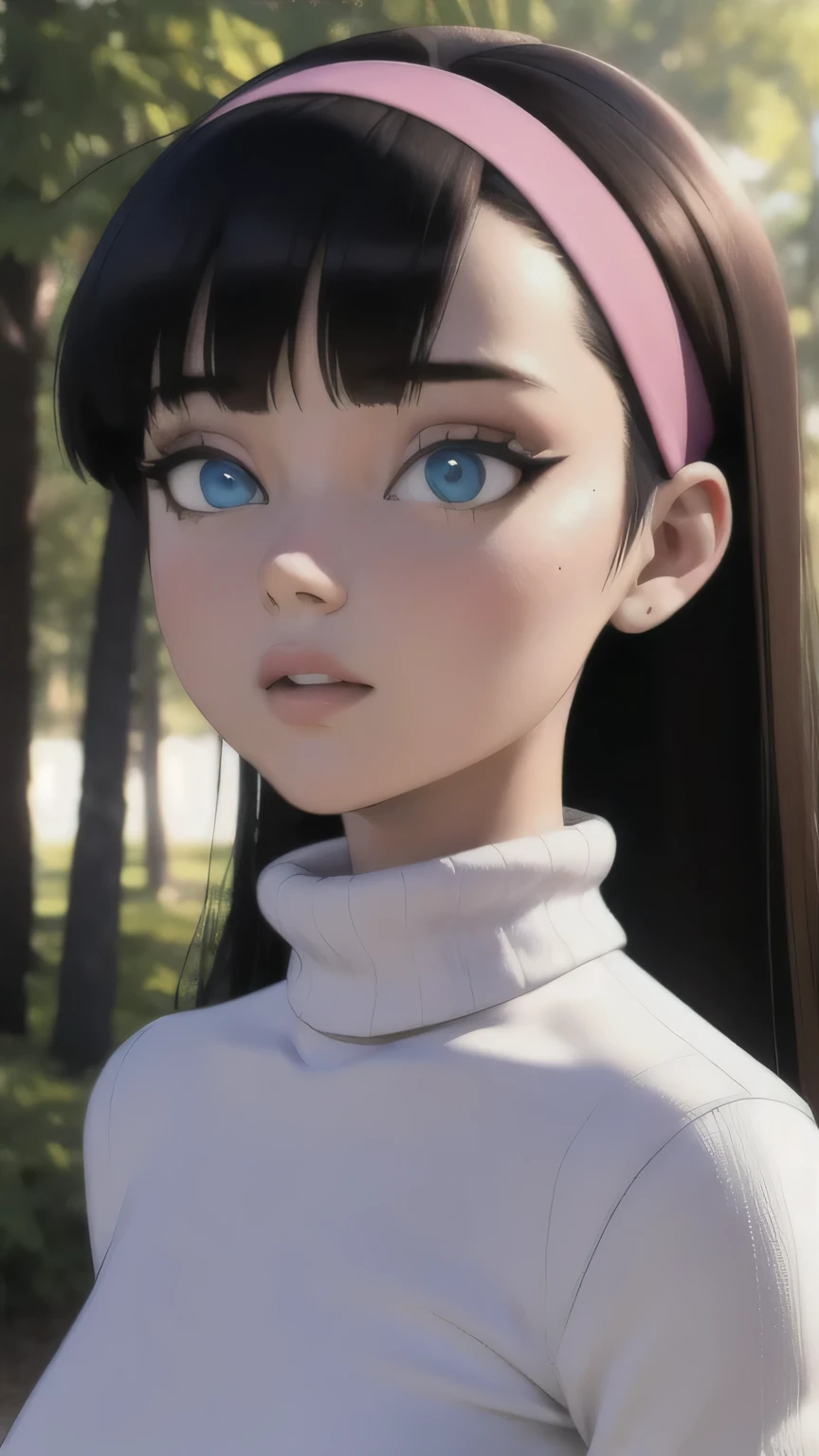 masterpiece, best quality,3d rending work ,3DMM style, portrait, 3D,1girl, solo, realistic, upper body, forest, trixie tang, pink headband, long hair, black hair, white panties, (pink turtleneck), blue eyes, pink eyeshadow, smooth hair, pupils, flat chest, High Resolution, Best Quality, Detail, High Details, Super Detailed,