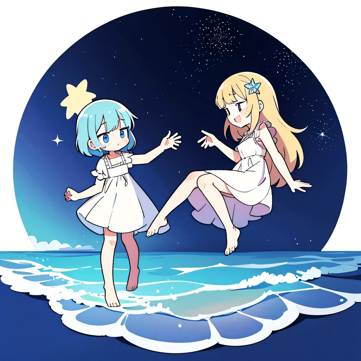two nude angel girls wearing an ethereal translucent dress, pale skin, ((wavy blue mint hair)), dark castle silhouette background, white feathers, angel wings, sparkling detailed eyes, golden ratio face, perfect composition, highly detailed, ethereal, (starry night sky background), midjourney style
