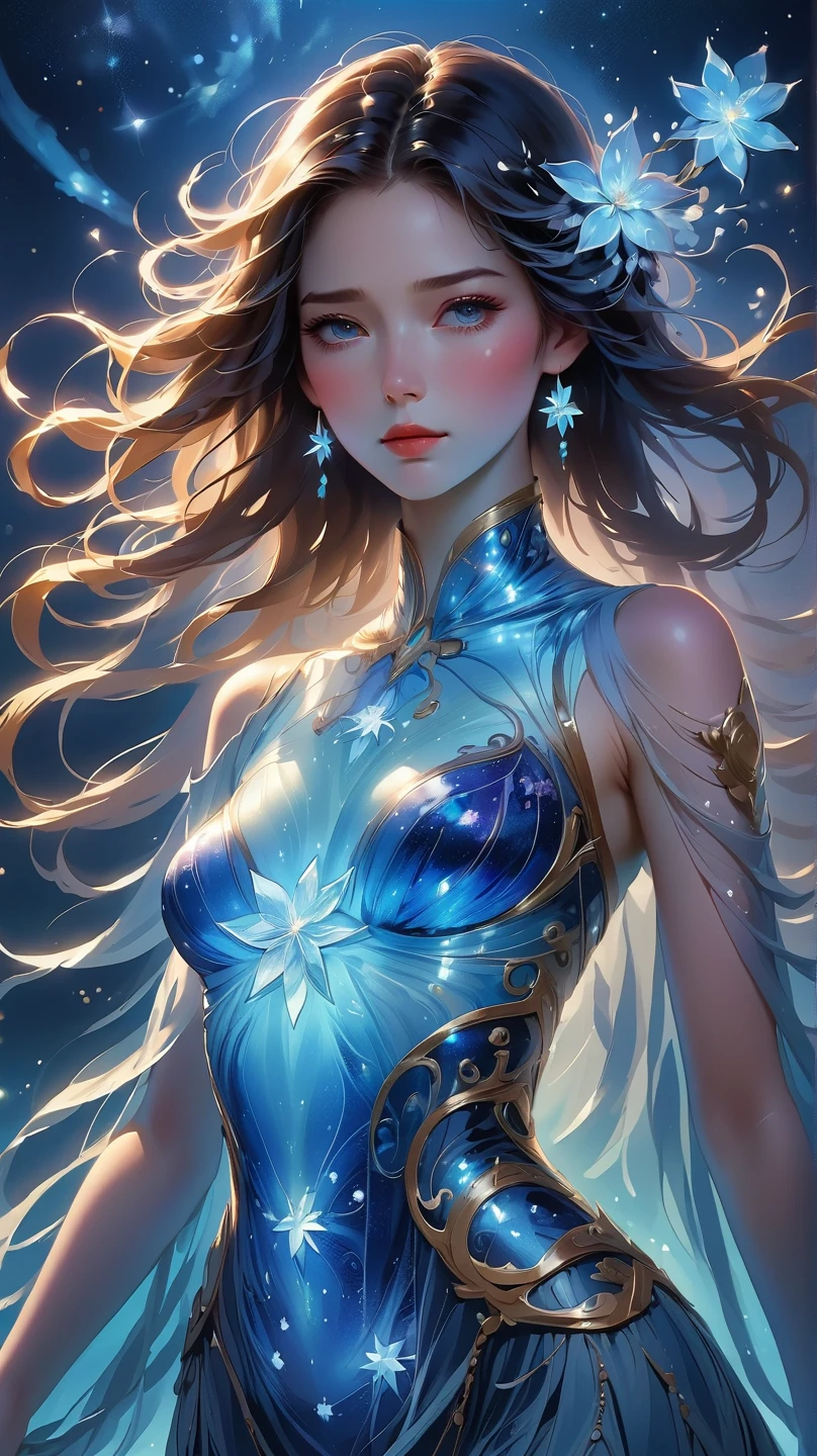 flat vector art, full body, She possesses a divine visage with graceful features that stand out. Her translucent skin and radiant eyes enhance her ethereal presence. Her eyes shimmer with fantastical hues, and their gaze holds deep mysteries. Moreover, her face exhibits a soft luminance resembling mist, with symbolic patterns of mist incorporated into her features. Her attire is crafted from flowing, delicate fabrics, exuding an airy aura. Her appearance is akin to the mystical mist that drifts through forests and mountain ranges. insanely detailed, (masterpiece), best quality, 8k, ultra high res, High contrast and low saturation, (Anatomy-based character design), by BoochaN