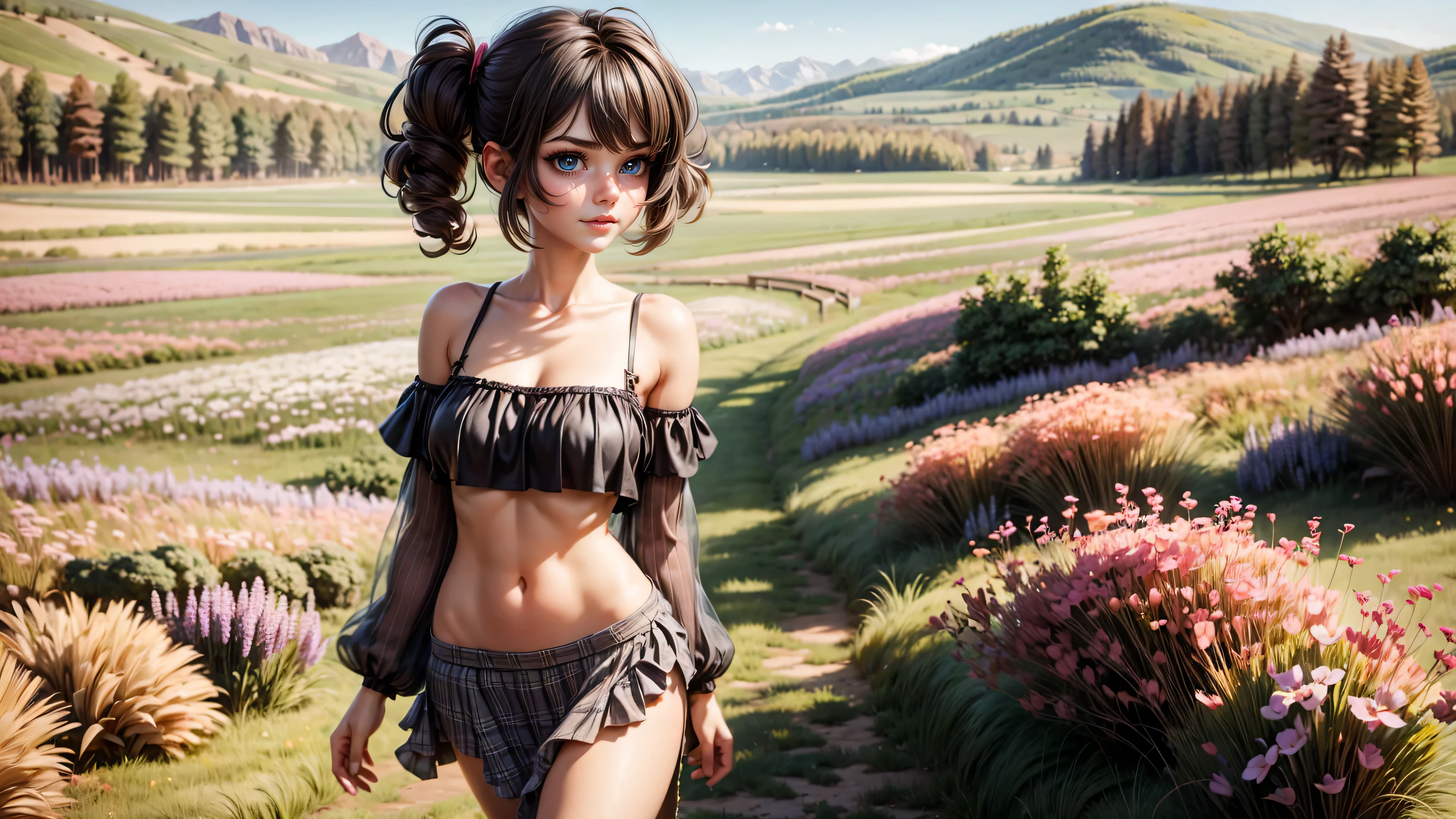 ((1girl, solo)), standing in a meadow full of wildflowers, young girl, cute girl, skinny, petite, short hair, ((dark black hair)), pigtails, pastel colors, ((loose top)), midriff, ((top loosely draped over her breasts)), underboob, looking at viewer, sexy, skirt low on hips, cowboy shot, (full body portrait), beautiful lips, sexy mouth, ribbon, hair ribbon, bangs, upper body, blue eyed, bangs, ribbon, meadow background, springtime, walking through a meadow,