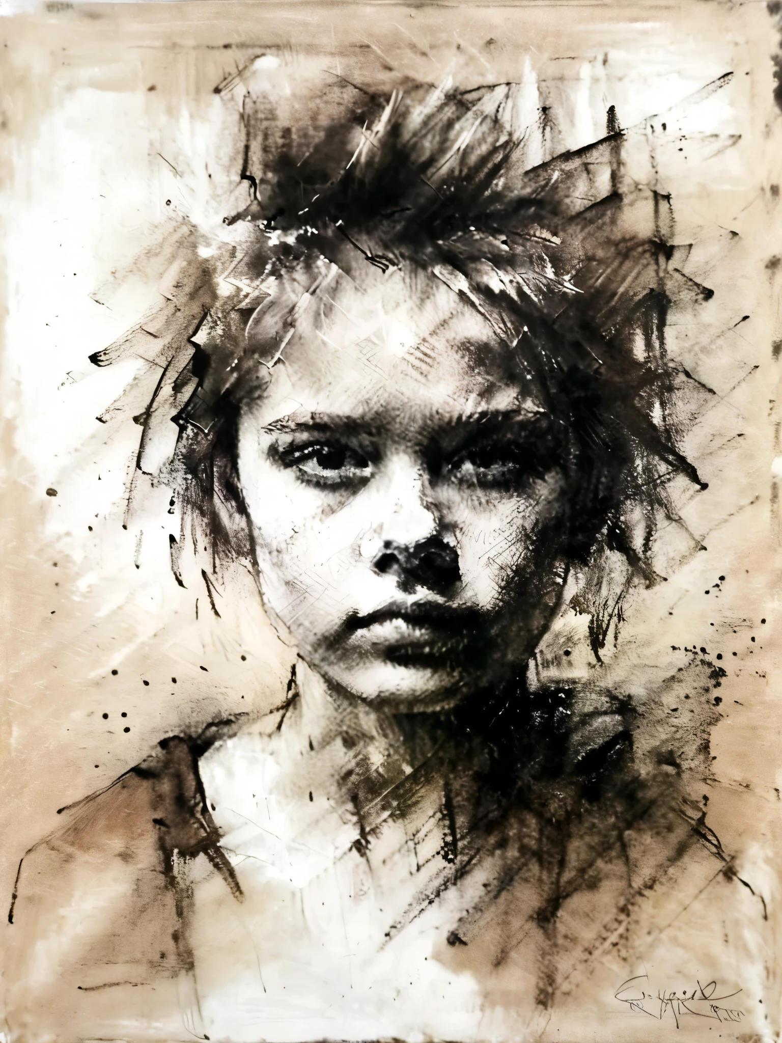 Abstract charcoal sketch, sepia rough touch, neo-expressionism, one girl, medium hair, spiky hair, bokeh, faded, abundance of negative space, masterpiece.