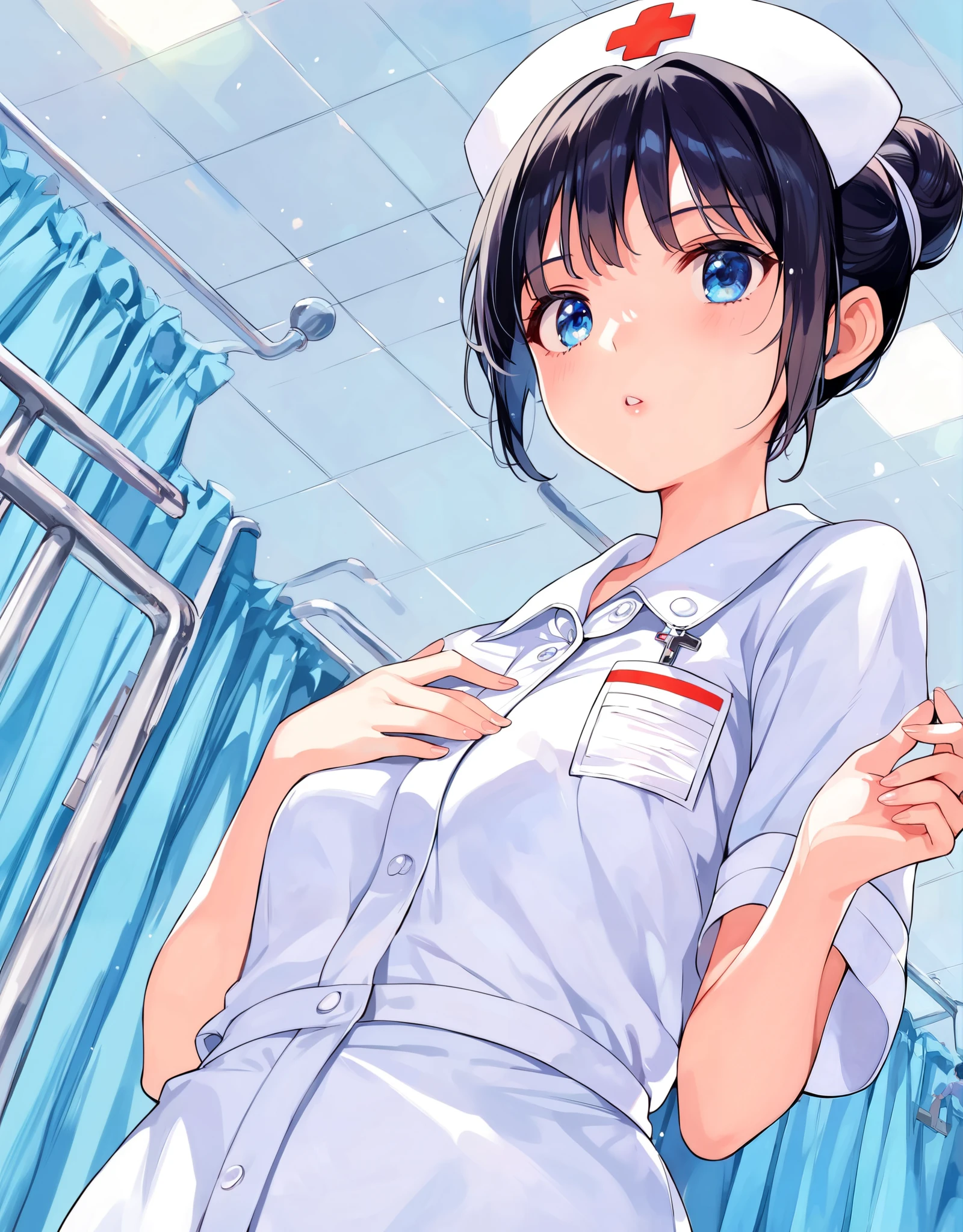 ( high quality: 1.3), ( is present: 1.3), (( super high resolution)), 8k, ((Masterpiece, 最 high quality, high quality)), one girl, hospital examination room , beautiful , (( Black short hair , bun hair for your toes , great style )), (((Female nurse , blue eyes, Young face立ち, female high school students))), white nurse suit with no marks, ((from below, lower body, looking up)), ((((Young face))))