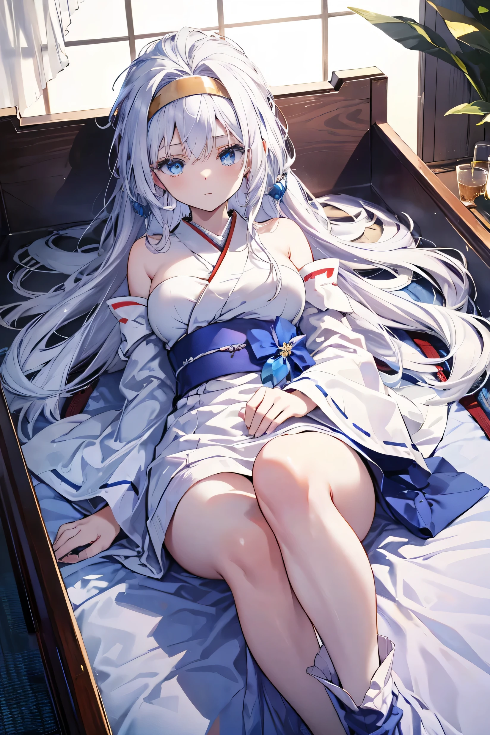 Japanese Princess, Young woman, long flowing white hair, blue eyed tinged with a shade of lavender, delicate skin, perfectly shaped hands, masterfully crafted features, golden ornaments, gold headband, blue cloak, sociopathic, cold glare, silent, ice princess, masterpiece, goddess of ice, sleeping in a glass coffin, sleeping folktale