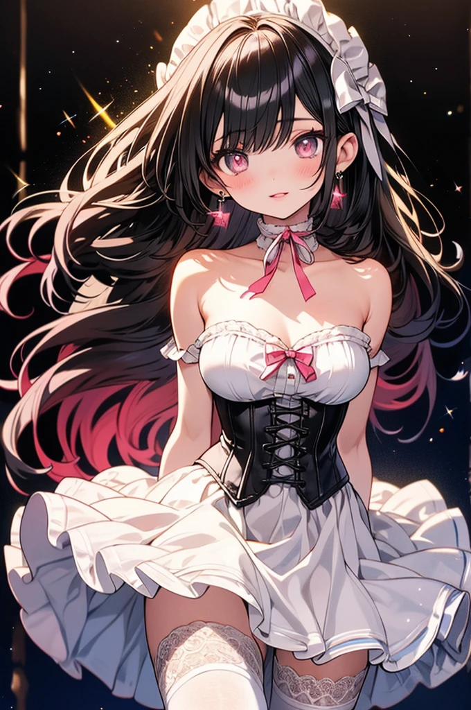 (masterpiece, best quality:1.2), cowboy shooting, alone, 1 girl, Cheryl Noem, Smile, shut your mouth, looking at the audience, off shoulder dress, corset, layered skirt, raise your legs, bare shoulders, outer space, Star (Sky)，best quality, masterpiece, ultra high resolution, (lifelike:1.4), original photo, 1 girl, take off shoulders，masterpiece, best quality, {best quality}, {{masterpiece}}, {High resolution}, focus, anime style, Cartoon close-up of a woman, girls design, portrait, gisha, anime image, long hair, black hair, look directly into the eyes, hair covering ears, happy, Polished and powerful look, out of tune, High, freckle, Smile, chic, colorful, beautiful hair color、 beautiful eyes、 beautiful skin、beautiful legs、beautiful arms、perfect fingers、 Very cute，white hair, long hair，white cat ears, white cat tail,best quality，High resolution，top quality，pink bow，slender eyebrows，hair slightly moist，little girl，very young，18 years old，Shy的Smile，Lift up most of the skirt with both hands，Wearing black knee-high socks on the right leg，Wearing white knee-high socks on the left leg，extra large breasts，plump breasts，tall figure，pink bow ，Red eyes，white skirt，Blushed，Shy，凸显extra large breasts，Breasts mostly exposed，Reveals large cleavage，Your back is facing me，Show little butt，extra large breasts，exposed breasts，Only a little bit of clothes on the whole body，Wearing pink lolita，Skirt has cutouts at the end，The skirt is super short，put hands on legs，pink hair，man soaking in bathtub，The whole body is soaked，pink hair，Put your hands behind your back，Lying in bed，exposed buttocks