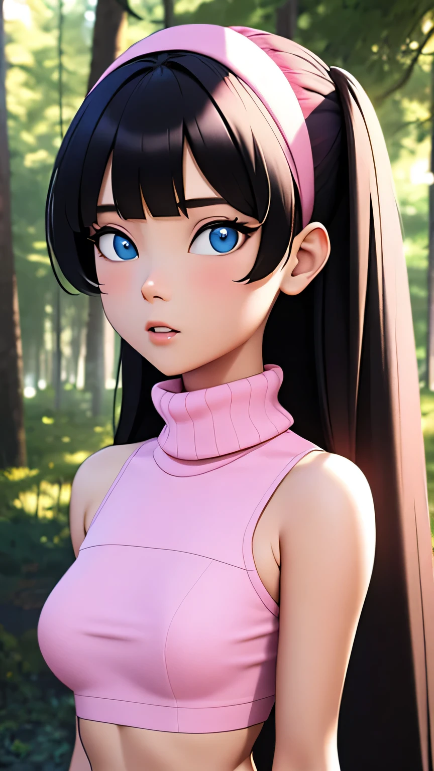 masterpiece, best quality,3d rending work ,3DMM style, portrait, 3D,1girl, solo, realistic, upper body, forest,  trixie tang,  pink headband, long hair, black hair, white panties, (pink turtleneck), blue eyes, pink eyeshadow, smooth hair, pupils, flat chest, High Resolution, Best Quality, Detail, High Details, Super Detailed, 
