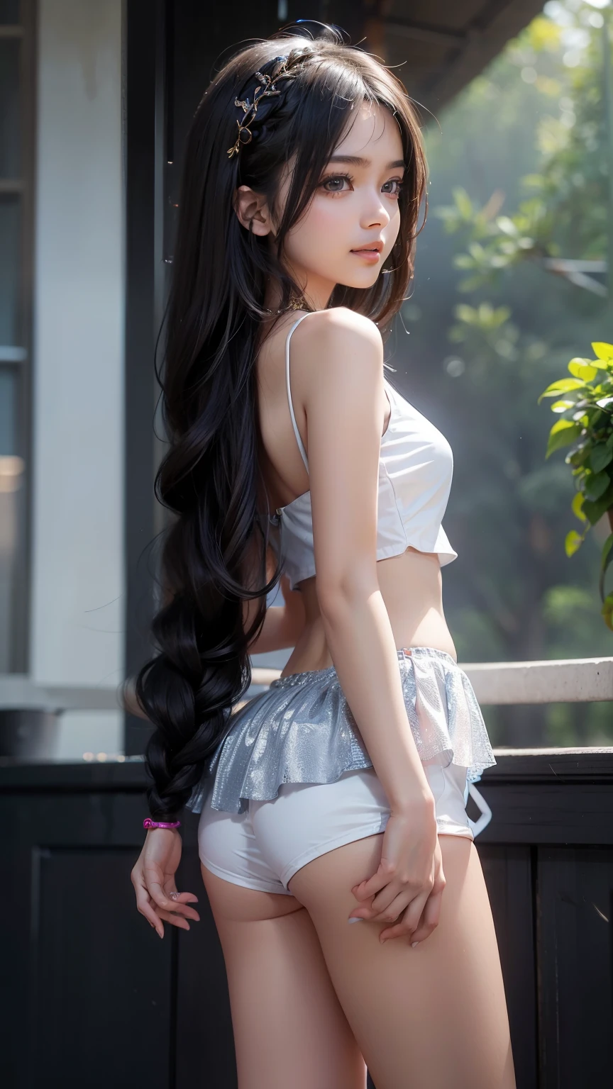 A beautiful woman with long black hair stood on a bench,Sexy blue panties, dilraba dilmurat, waist - shot, showing her shoulder from back, waist long hair, Her breasts are full, Her hips are full, back stance, she is sexy！, Spread your legs