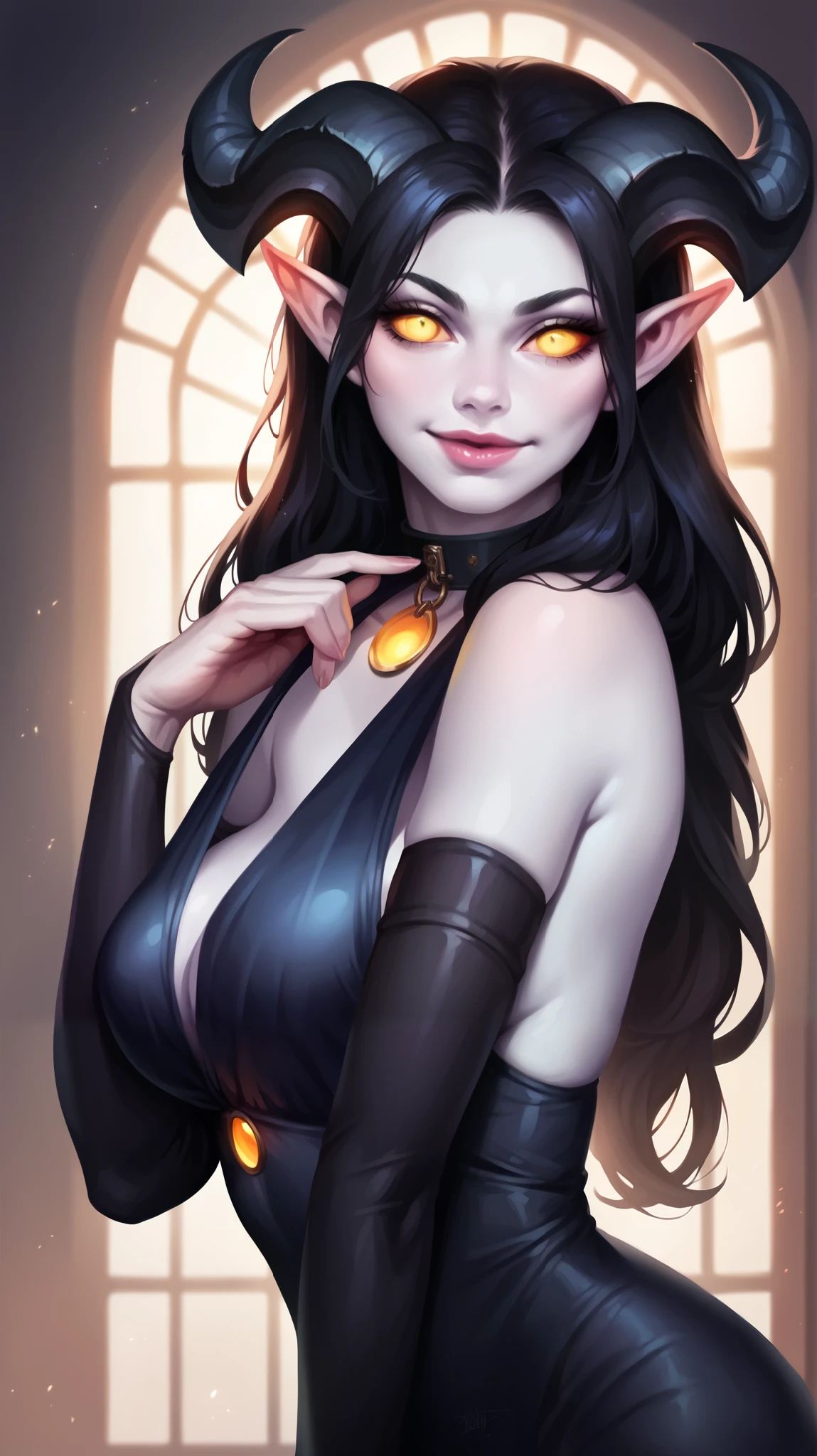 ( big breasts) A tiefling, posing, at night, evil smile, realistic natural light, big , long black hair , beautiful detailed lips , long lashes , good anatomy, white skin, pale shiny sclera , seductive look , shiny accents , detailed glowing yellow eyes, big thick black horns, black clothes, collar, dramatic lighting , oppressive atmosphere, cinematic lighting , dark fantasy, 8 k, photorealistic