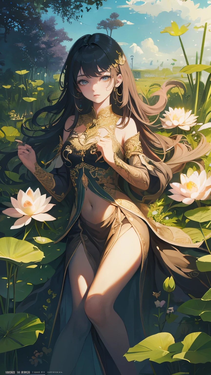(masterpiece), (highest quality), (realistic), ((beautiful payback maiden with ultra-long hair with Chinese style black hair and a thin beautiful feather robe in a lotus pond shining in the moonlight)), (looking down at the viewer with dim eyes), (Large hair ornament in the shape of a Chinese lotus flower)), 18 years old, depressed eyes, photorealistic, (((ideal hair luster)), full body, (( ( Playing a sarcophore about the size of his body))