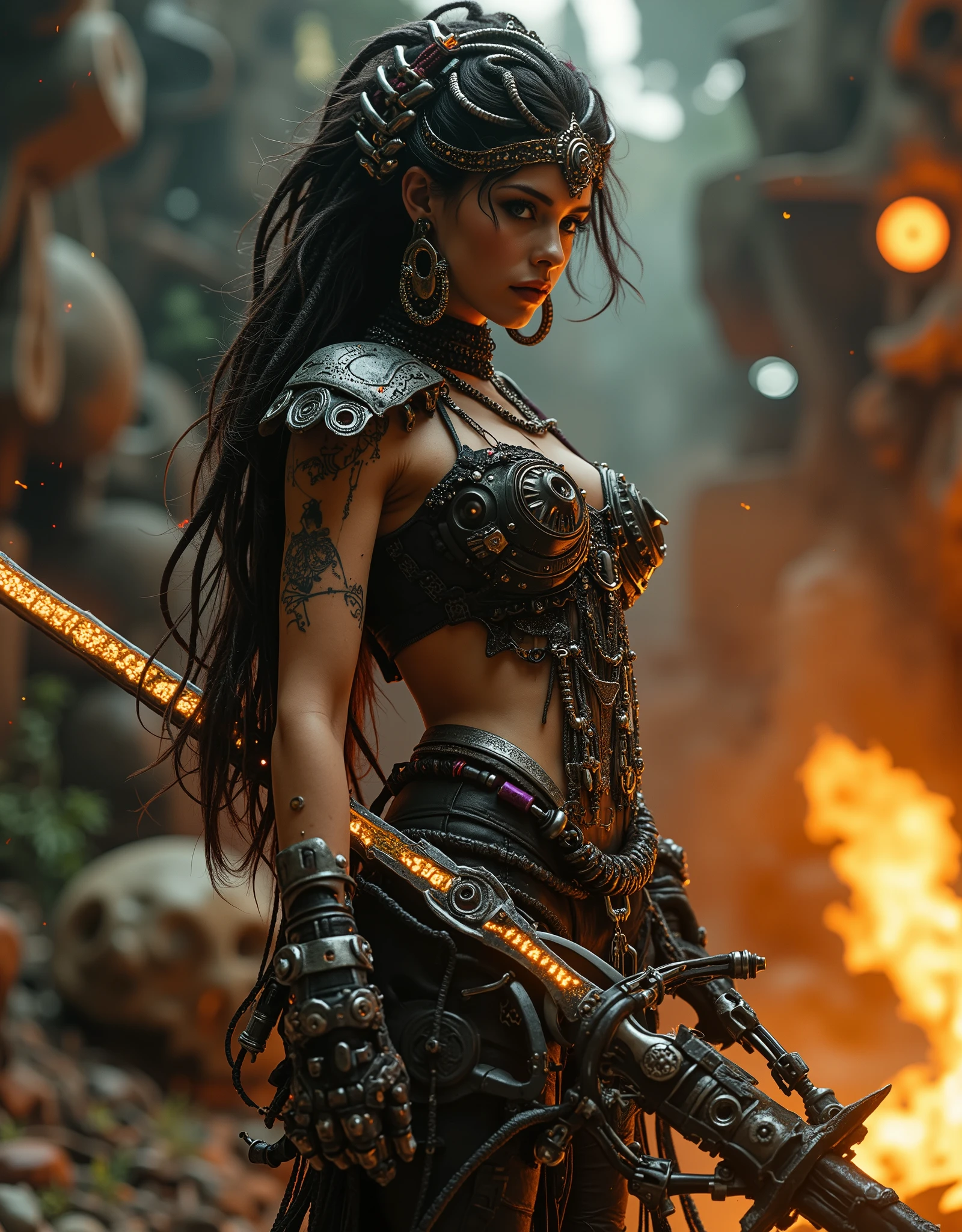 cinematographic photograph using rule of thirds and composition on planes Photo 3 / 4 takes over the entire body , beautiful and sexy naked woman , young Mexican woman of incomparable Latin beauty , top model, Elegant and sexy gothic nude with small breasts , fit ((chains)), dress made of chains, emerald eyes, penetrating look , Punk chain , punk belt , hair, nipples, full body shot, torn screen , torn and broken leather and lace , showing the skin of the body , with Aztec tattoos , con chains Picos y Muchas joyas de plata de huesos de plata , hair lacio oscuro, dreadlocks with purple tips , The Mayan headdress, a reference to King Pakal Maya , She is armed with Macahuitl Xihucoatl and a wielding fiery sword, parts of rusty armor with Aztec motifs in bas-relief and some parts of bones, brandishing the Xihucoatl of fire , standing in an attack position for the battle on the enormous skull of a Quetzalcoatl , background with the aesthetics of Star Wars movies , with fire and Aztec pyramids , por la noche, gloomy atmosphere, ethereal smoke emanating from her and the macahuitl , dark. Maya warrior , Robot Atlante de Tula . BATTLE POSES. battle damage. in the style of Ashley Wood a high level of style Racrufi . The two characters must be shown in their entirety of their full body