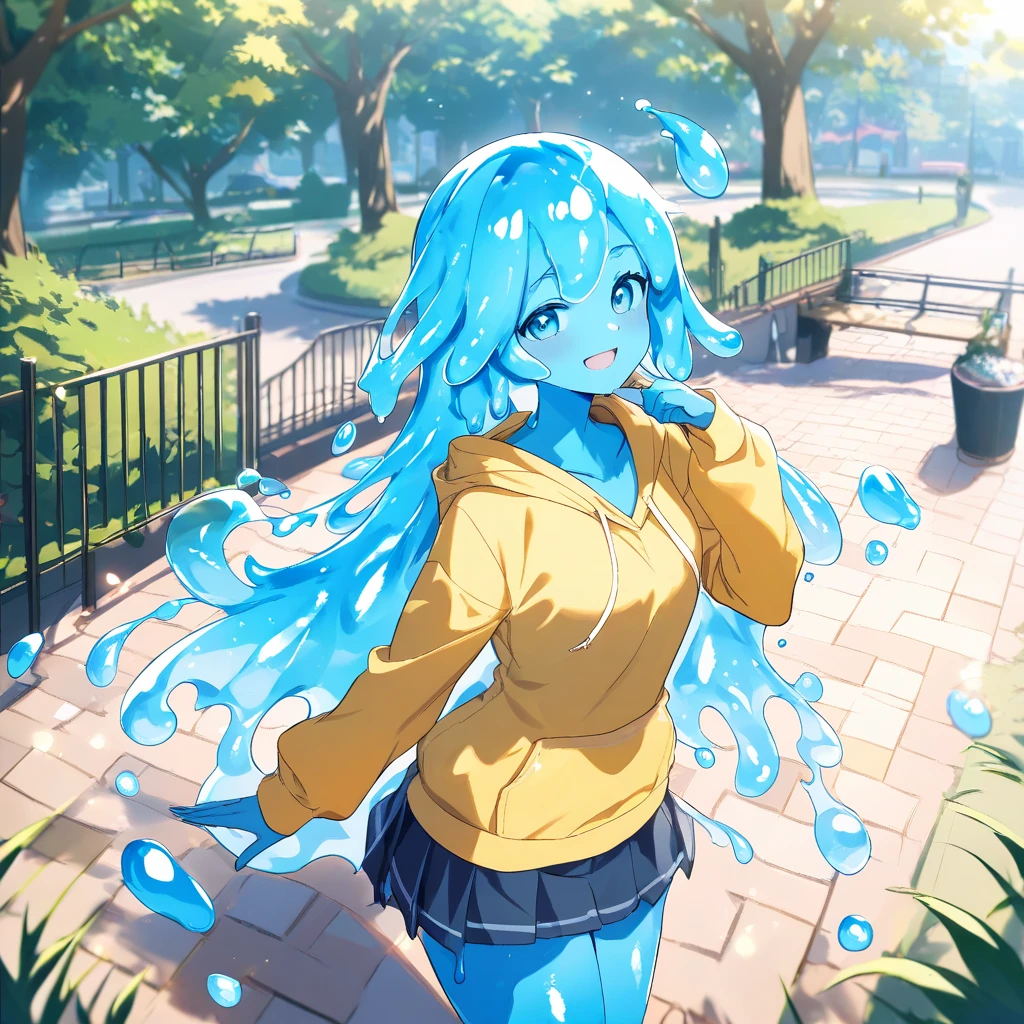 score_9, score_8_up, score_7_up, score_6_up, score_5_up, score_4_up, source_anime, slime girl, purple and cyan gradient skin, translucent yellow (raincoat:1.1), hands behind back, tilted forward, playful, happy, wet, outside, rural town, heavy rain, (raining:1.1), wind, cowboy shot, humanoid, solo, detailed, beautiful
