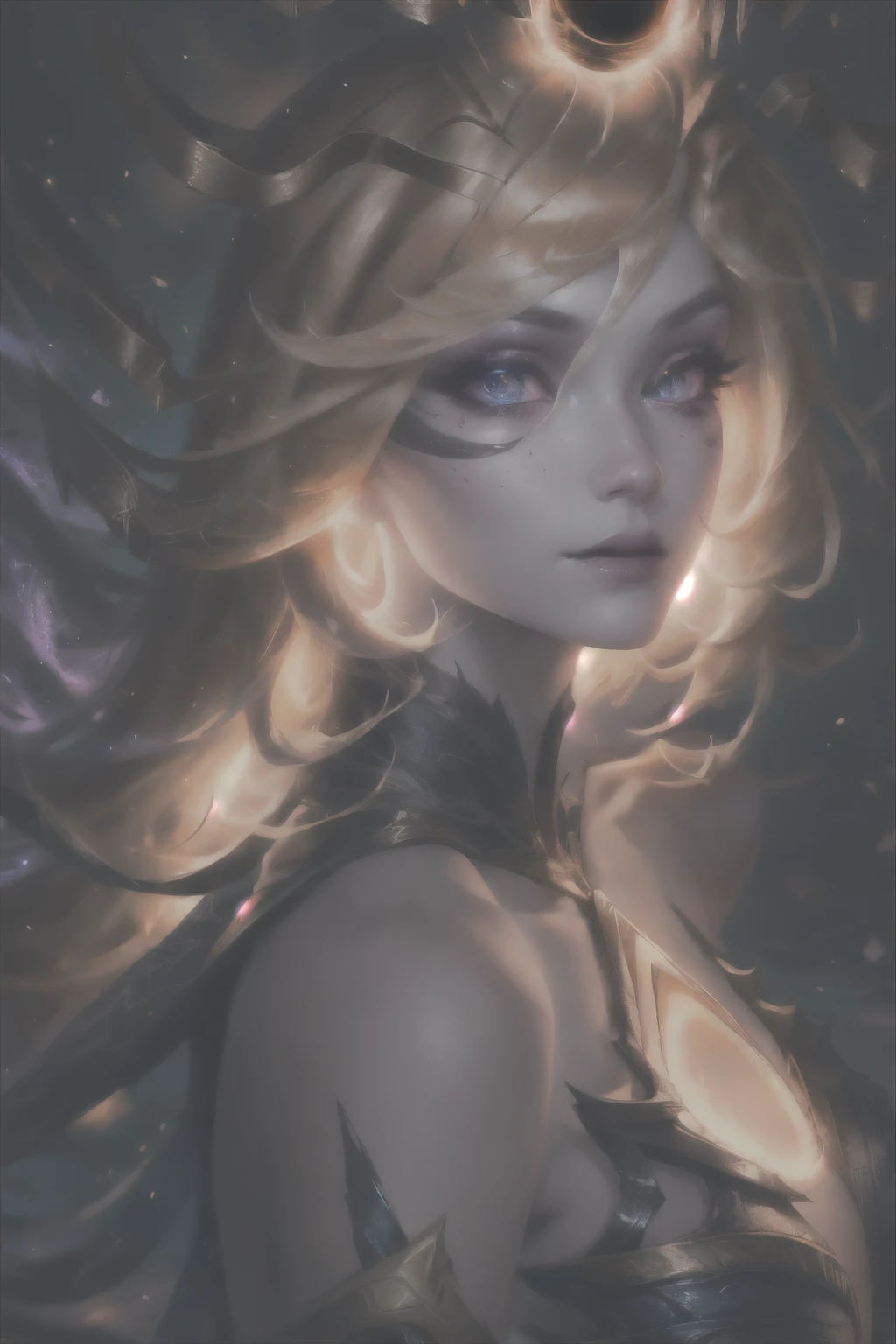 ultra realistic, ((gorgeous)), league of legends, highres, 1girl, ultra-detailed, (beautiful detailed face and eyes and hair:1.1), masterpiece, perfect face, beautiful face, textured skin, beautiful detailed face, sensual, beautiful eyes, masterpiece, intricate details, 1girl, looking at viewer, Extremely beautiful, (large breast:1.2), pretty woman, beautiful woman, Dark_Cosmic_Lux, Orange_hair, gradient_hair, very_long_hair, Dark_Cosmic_Lux, Cosmic_Lux, (orange eyes:1.3),