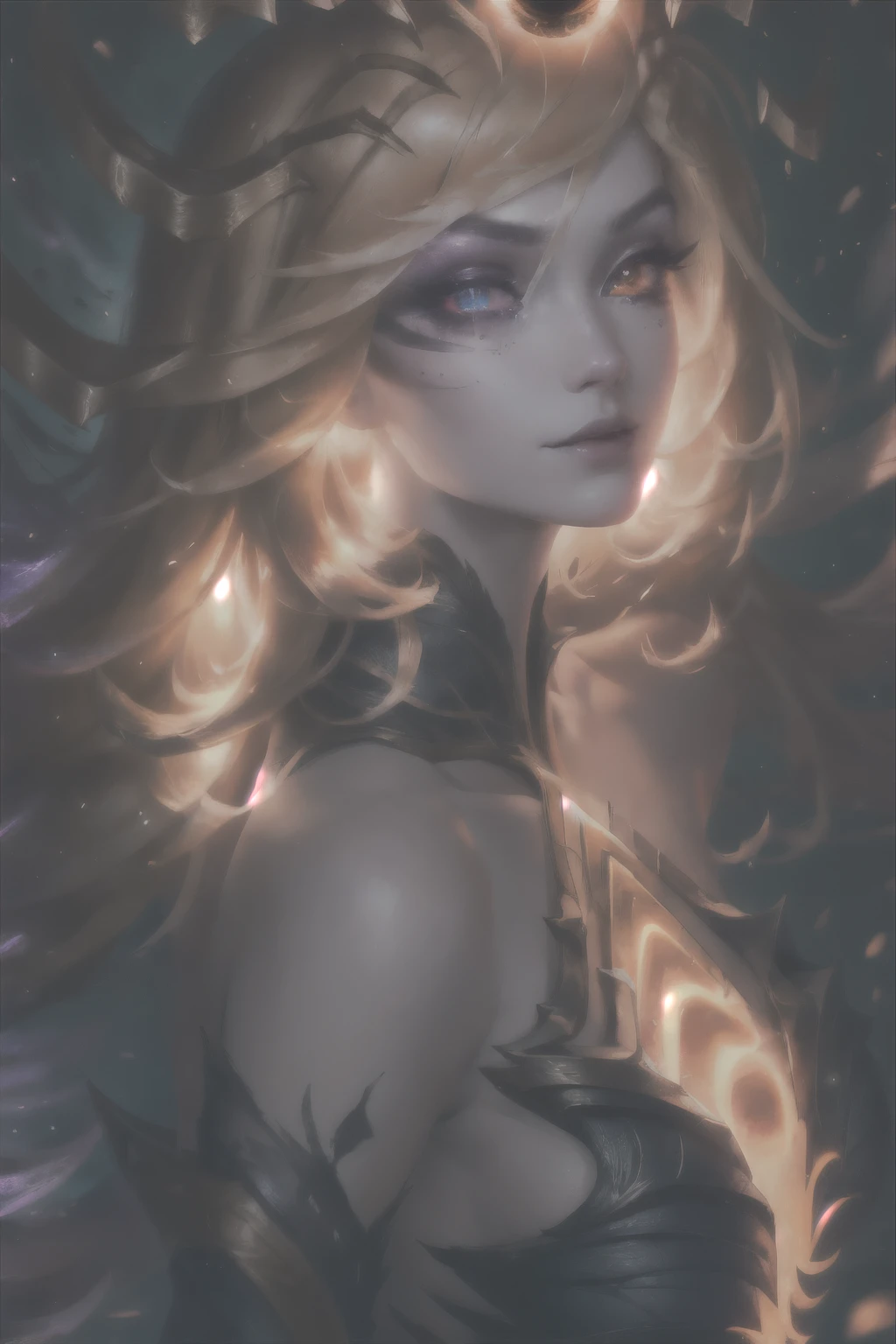 ultra realistic, ((gorgeous)), league of legends, highres, 1girl, ultra-detailed, (beautiful detailed face and eyes and hair:1.1), masterpiece, perfect face, beautiful face, textured skin, beautiful detailed face, sensual, beautiful eyes, masterpiece, intricate details, 1girl, looking at viewer, Extremely beautiful, (large breast:1.2), pretty woman, beautiful woman, Dark_Cosmic_Lux, Orange_hair, gradient_hair, very_long_hair, Dark_Cosmic_Lux, Cosmic_Lux, (orange eyes:1.3),