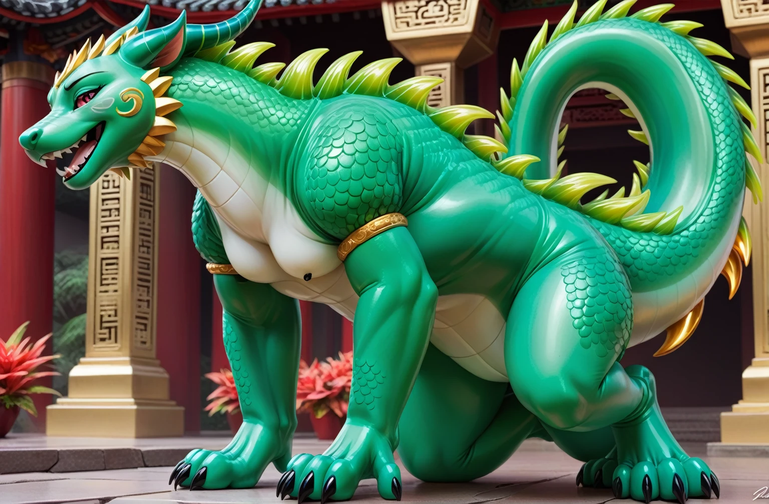 there are two statues of two dragon like figures on the street, dragon-inspired cloth robes, dragon - inspired suit, dragon body, fat dragon, dragons, giant kaiju dragon monster, muscular characters, fat dragon with rider, dragon armor, shenron, human body with dragon features, dragon-shaped human, dragon inspired armor, draconians, mega detailed