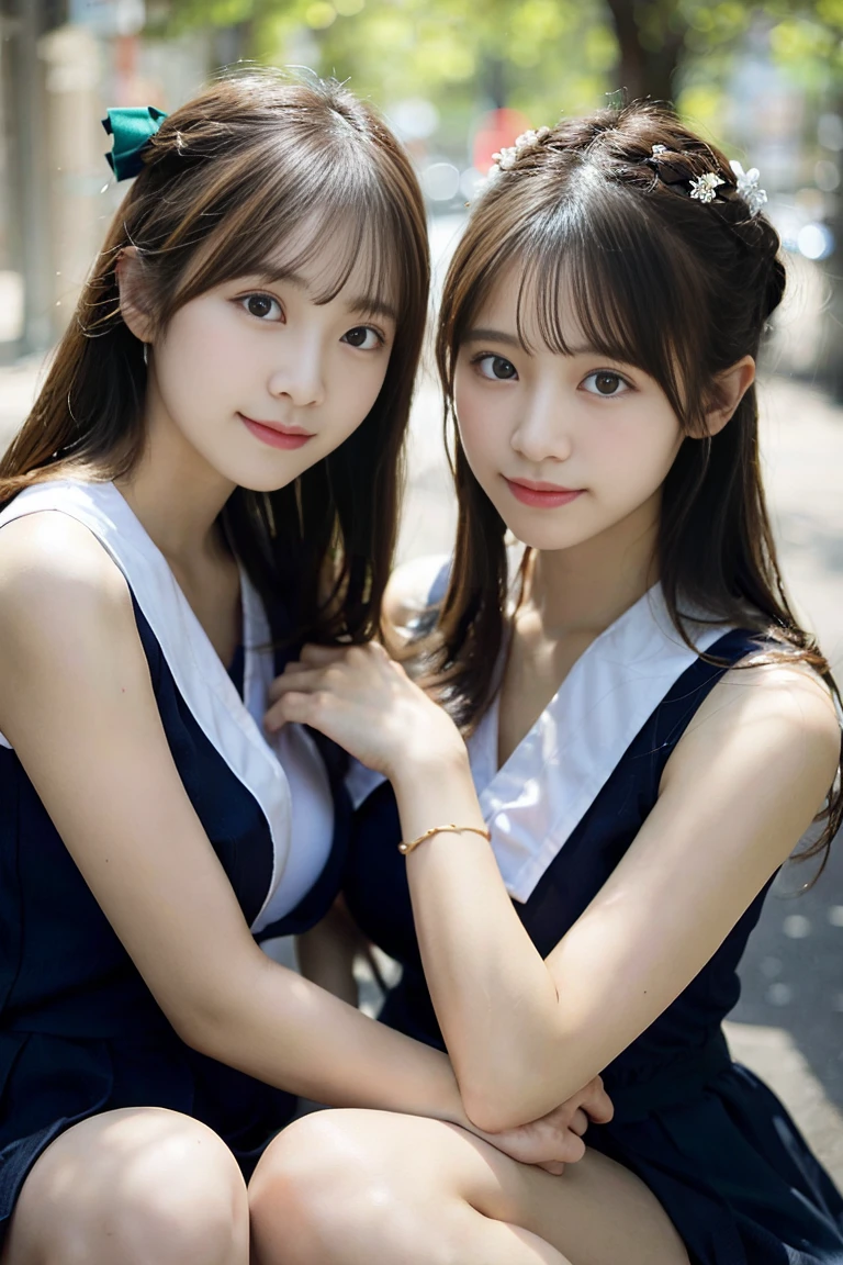 (8K,Raw photo、Raw photo、top-quality、Master masterpiece:1.2)、ultra-detailliert、Super Resolution、(Photorealsitic:1.3)、((Woman in the back hugs the woman in front))、((Woman hugging with arms around her from behind.))、high resolution RAW color photos、professional photograpy、Same skin type as humans、Female proofreading of Japan from head to waist、Blur the background、Draws faithfully to anatomy、Correct number of fingers、(Very beautiful and detailed night cherry blossom trees 1:1.37)((Cherry blossoms fluttering in the wind))、fullmoon、Very detailed and beautiful、Ultra-high image quality、Half-up hairstyle、Bun hair、poneyTail、High school girl in sailor suit、(Puffy cheeks)Detailed uniforms、Each face has its own distinctive features、Different face patterns、Farbe々Hairstyle、Brown hair fluttering in the night breeze、Hair swaying and sexy、Very detailed beautiful girl、(Pink Eye Shadow)、Red tie、Smiling smile、