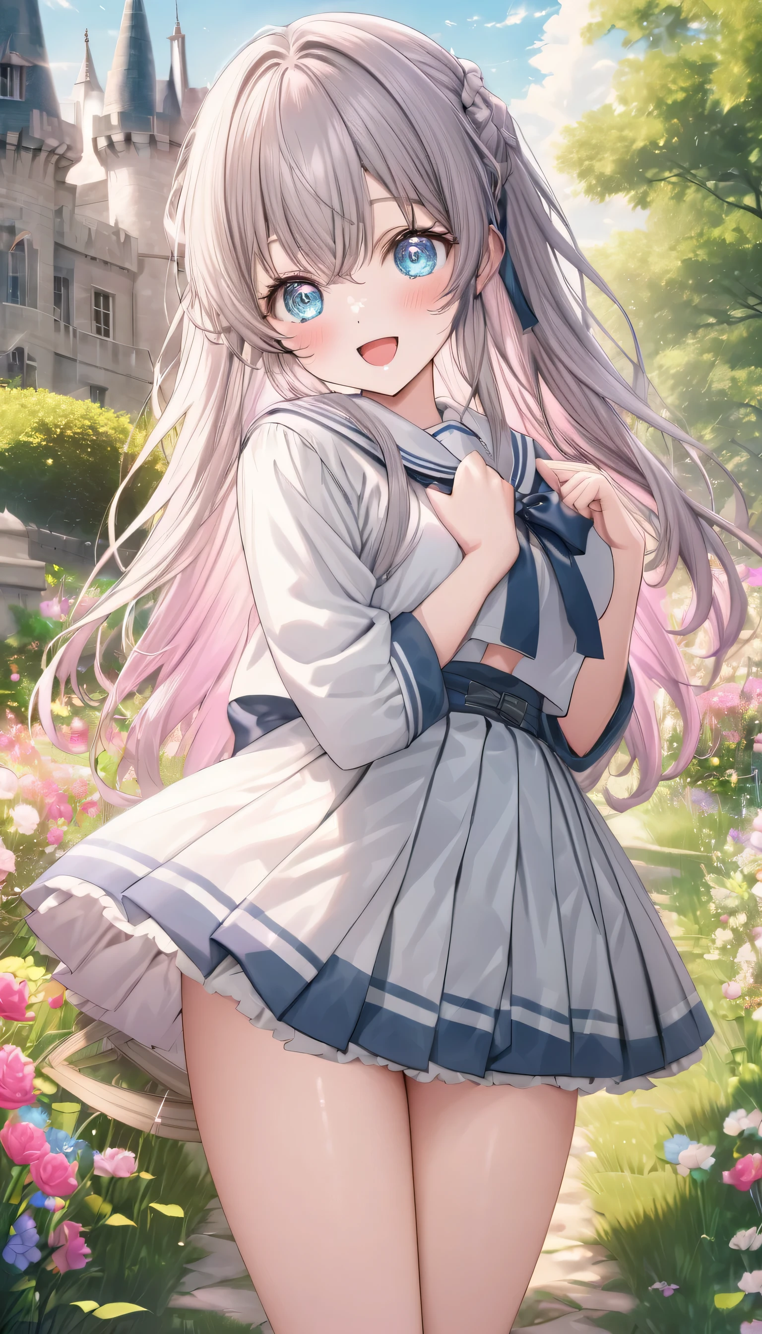 ((ultra-detailed)), (highly detailed CG), (best quality:1.2), ultra-highly detailed, colorful composition, artistic photoshoot, 1girl, solo focus, ((thigh to top:1.4)), ((cowboy shot:1.4)), moe anime character, girl, dainty facial structure, (bab(round face), ((rounded chin:1.2)), ((ideal ratio body proportions)), celia-default, celia claire, (blue eyes), sparkle eyes, pale pink gray hair color, long hair, ample breasts, ((surprised)), ((excited)), (happy), (joyful), (open mouth), school uniform, sailor suit, traditional Japanese style with navy blue and white colors, detailed ribbon and pleated skirt, black high socks, dynamic pose, from front, standing by the victorian garden with flowers, castle, beautiful detailed sky, expecting, pink cheek, blush, light pink gloss slip, portrait, depth of field, soft lighting, sidelighting, (shine), lighting, caustics, ray tracing, smile, perfect face, lustrous skin, highly detailed face, highly detailed eyes, perfect face, perfect nose, perfect hair, perfect eyes, perfect anatomy, beautiful hair, beautiful small face, extremely detailed face, beautiful detailed eyes, beautiful clavicle, beautiful body, beautiful ample breasts, leavage, breasts squeezed together, equalize the size of the left and right breasts, beautiful thin thighs, beautiful legs, beautiful fingers, 4 fingers, 1 thumb, lovely, (very detailed background:1.0), (highly detailed background:1.0), spring aesthetic, intricate details, joyful atmosphere, spring colors palette, chromatic aberration