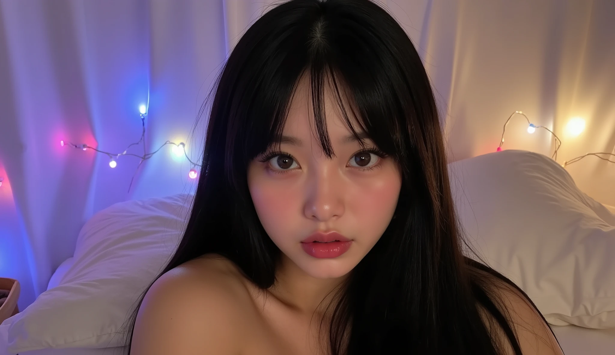 yung, 3 garotas, 3 irmas, selfie, s, korean, idol, magro , olhos puxados, olhos grandes, franja separada do lado direito , youthful appearance , light black hair , detalhes eyes, pupil , iris, smiling, grin, Rounded face, youthful appearance , sentada na beira da bed, nudes , vintage aesthetics ,cute face, full lips, long hair, volumoso hair, luz media, luz Environment, schedule :night , reflexos no Environment, Environment focado, looking, Environment:Room, bed, being, objects, leds, olhos revirados, possuida, with text: "nokes369"