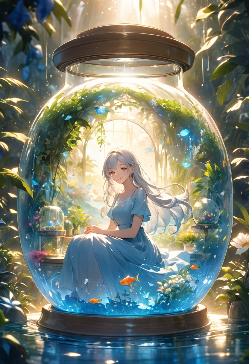 Masterpiece, Best quality, beautiful 1 fairy, sitting on your knees inside a beautiful glass transparent bottle, visible in full growth, you can clearly see both the bottle and the fairy inside, long unusual shining hair, big beautiful eyes of unusual color, the skin shines with light, the background around is water, glowing fluorescent flowers, air bubbles, fireflies