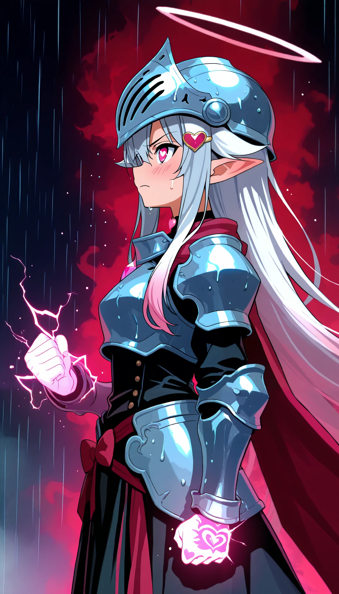 score_9, score_8_up, score_7_up, score_6_up, score_5_up, score_4_up, 1girl, fantasy, petite, halo, cowboy shot, hair clip, from side, angry, looking up, blush, pink eyes, symbol-shaped pupils, heart shaped pupils, pointy ears, long hair, headwings, hair flaps, white hair, multicolored hair, pink tips hair, bangs, hair between eyes, hair ornament, heart choker, red bow, headwear, knight helmets, medieval helm,steel armored clothes, wet armor, angel knight, heart hair ornament, clenched fist, standing, dark background, rainy, lightning, shape hand changed, pink crystal hand, crystal hand skin, shiny, shiny crystal skin, white steel armored clothes, pink Ruby hand, cinematic lighting, motion blur, motion lines, anime screencap, red aura, HyperHelmets