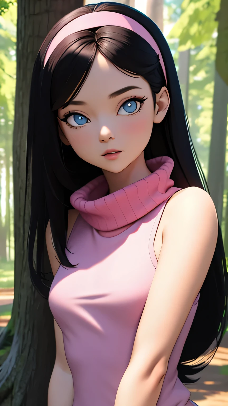 masterpiece, best quality,3d rending work ,3DMM style, portrait, 3D,1girl, solo, realistic, forest, trixie tang, pink headband, long hair, black hair, white panties, (pink turtleneck), blue eyes, pink eyeshadow, smooth hair, pupils, flat chest, High Resolution, Best Quality, Detail, High Details, Super Detailed,