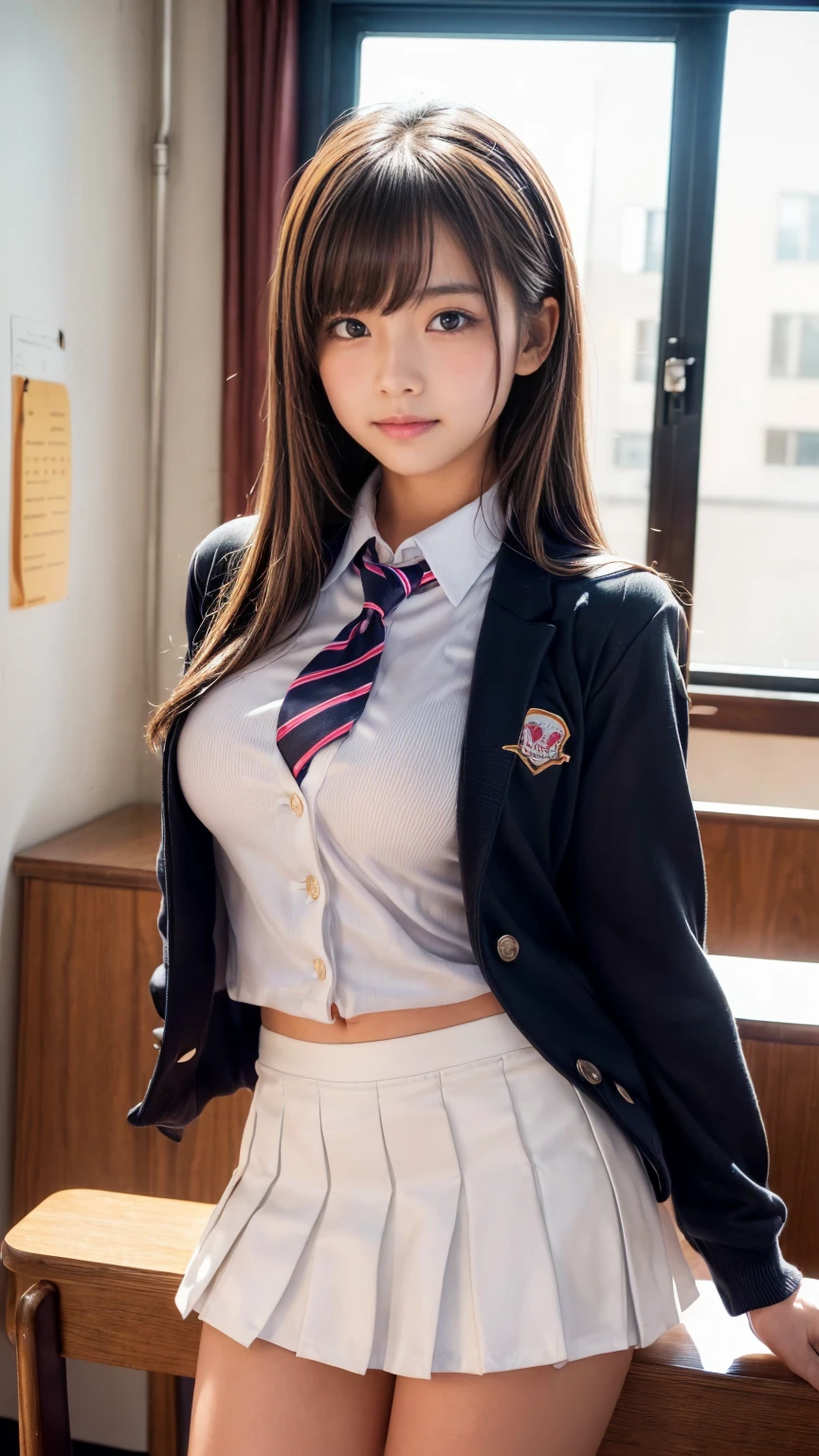 (top-quality、masutepiece、超A high resolution)、(Inside the classroom、Shooting from above、Looking at the camera、Semi-long、bangss、straight haired:1.1、A dark-haired:1.1、a smile:1.7)、((cleavage of the breast、open one's legs、sit on desk、Groin groin groin:1.2)、hi-school girl、kawaii faces、(high-school uniform、blazers、shirt、skirt by the、Black Knee High Socks)