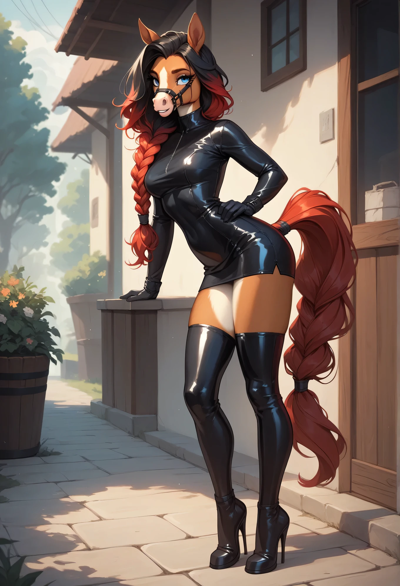 score_9,score_8_up,score_7_up,score_6_up,outdoors,full body,seductive smile,parted lips,long eyelashes,laura,1girl,solo,sexy latex short dress,furry woman, horse girl,horse ears,two color hair,one braid,multicolored hair,black hair,red hair,long hair,blue eyes,muzzle,animal nose,body fur,pony tail,gloves,