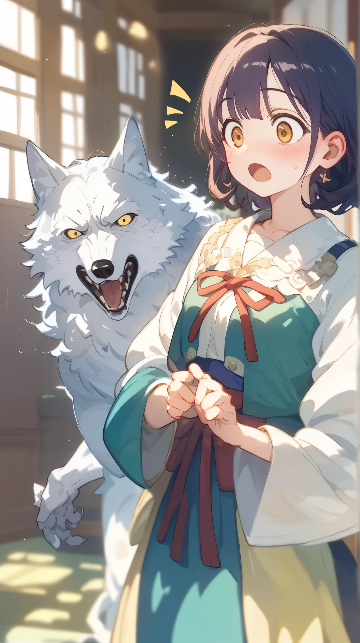 top quality、 Masterpiece、 Life from last century 々New photos、 film grain 、 hyperrealism、Realistic 、 super high resolution、A girl is taking a big white wolf for a walk 、がLiger の首輪を持って案内している'Neck collar、首輪をした巨大なLiger 、Divine Beast、Liger 、、Surprised townspeople々々々
