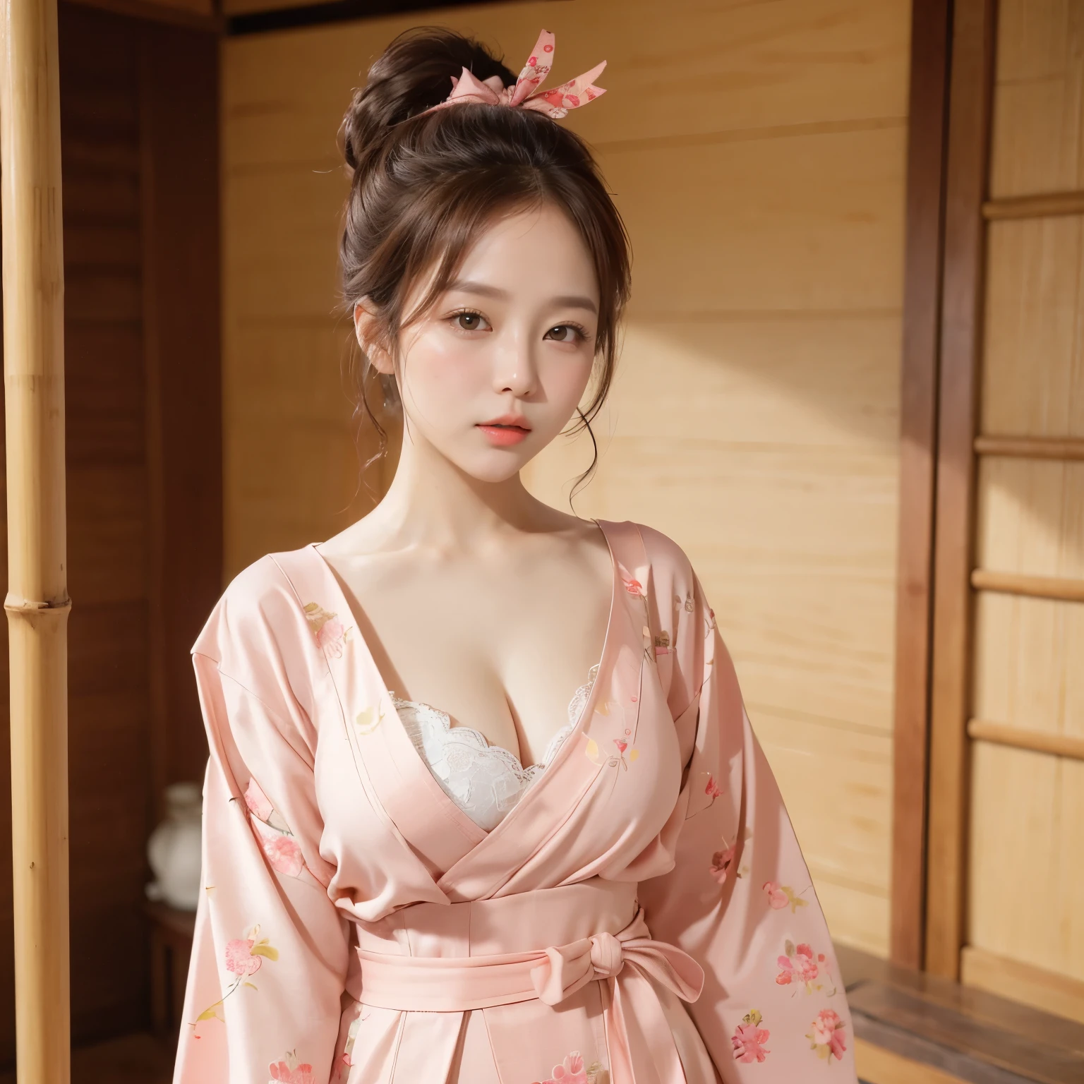 <lora:Twinkle_20240224165209:0.6>, kimono, apron, bow, puffy sleeves, best quality, masterpiece, illustration, realistic, photo-realistic, amazing, finely detail, incredibly absurdres, huge filesize, ultra-detailed, highres, extremely detailed CG unity 8k wallpaper, nsfw, close-up, A young Korean woman is standing in the street of an Edo-era wooden house, wearing a pink kimono with floral patterns. The camera is positioned close to her, capturing every detail of her beauty. The kimono is tied with a white apron at the waist, and a large bow adorns her chest, drawing attention to her ample cleavage that threatens to spill out of the garment. Her collarbone is delicate and graceful, framing her plump breasts perfectly. Her hair is styled in a traditional Korean bun, and she wears a hairpiece with flowers. She gazes at the camera with a sultry expression, her full lips slightly parted.