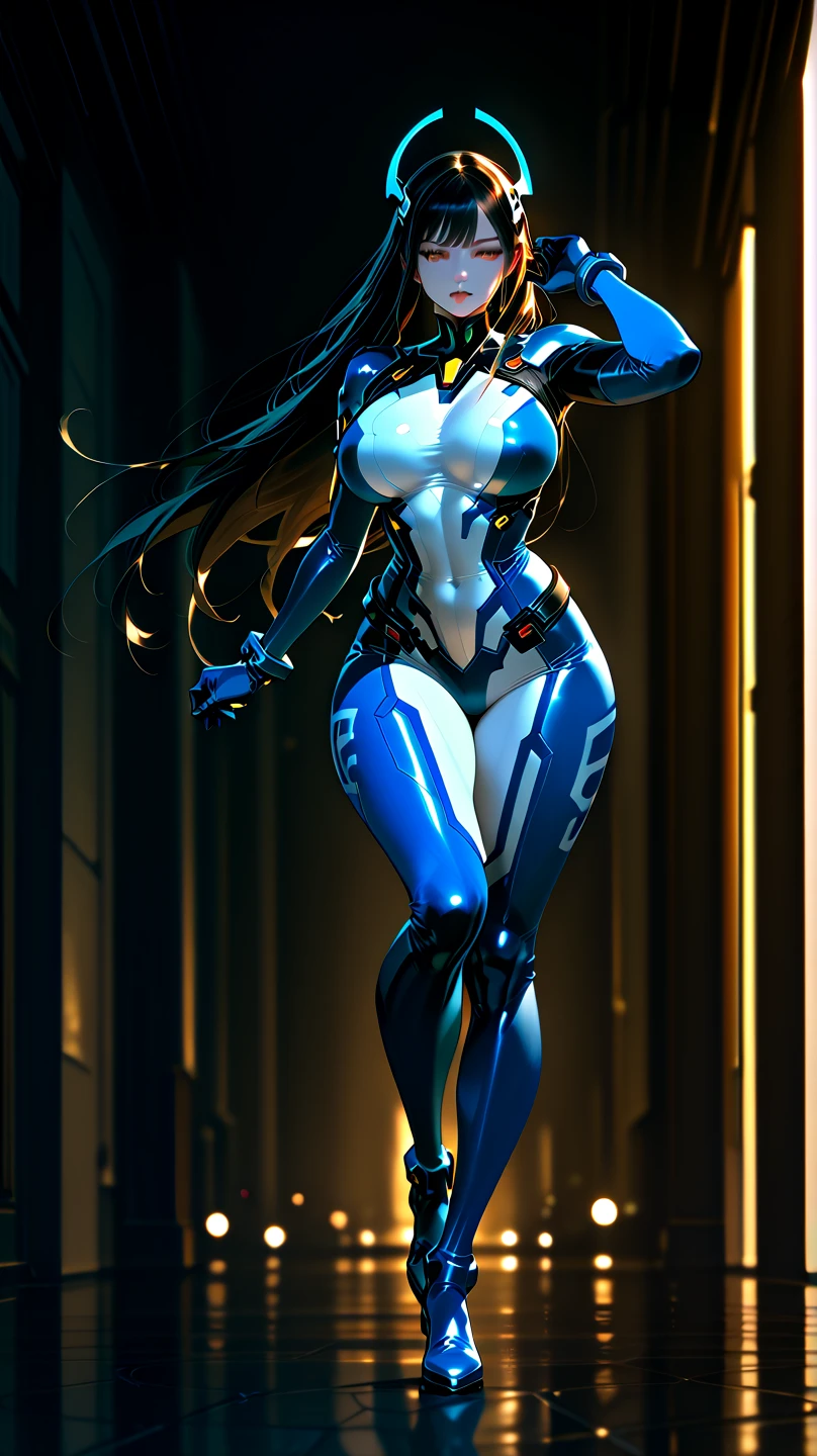 Blue Star,Twin tails,See-through,Top view,Standing on a white floor,See-through,Blue light pattern,sexyデザインのSee-throughボディスーツ,Transparent skin,胸元にBlue Starのデザイン,胸元がSee-throughボディスーツ,Shiny bodysuit,sexy,Big blue light bracelet,Big blue light anklet,Blue light accessories that dig into your thighs,Accentuated chest,Accentuated chest shape,Close-up of face and chest,Bitten crotch