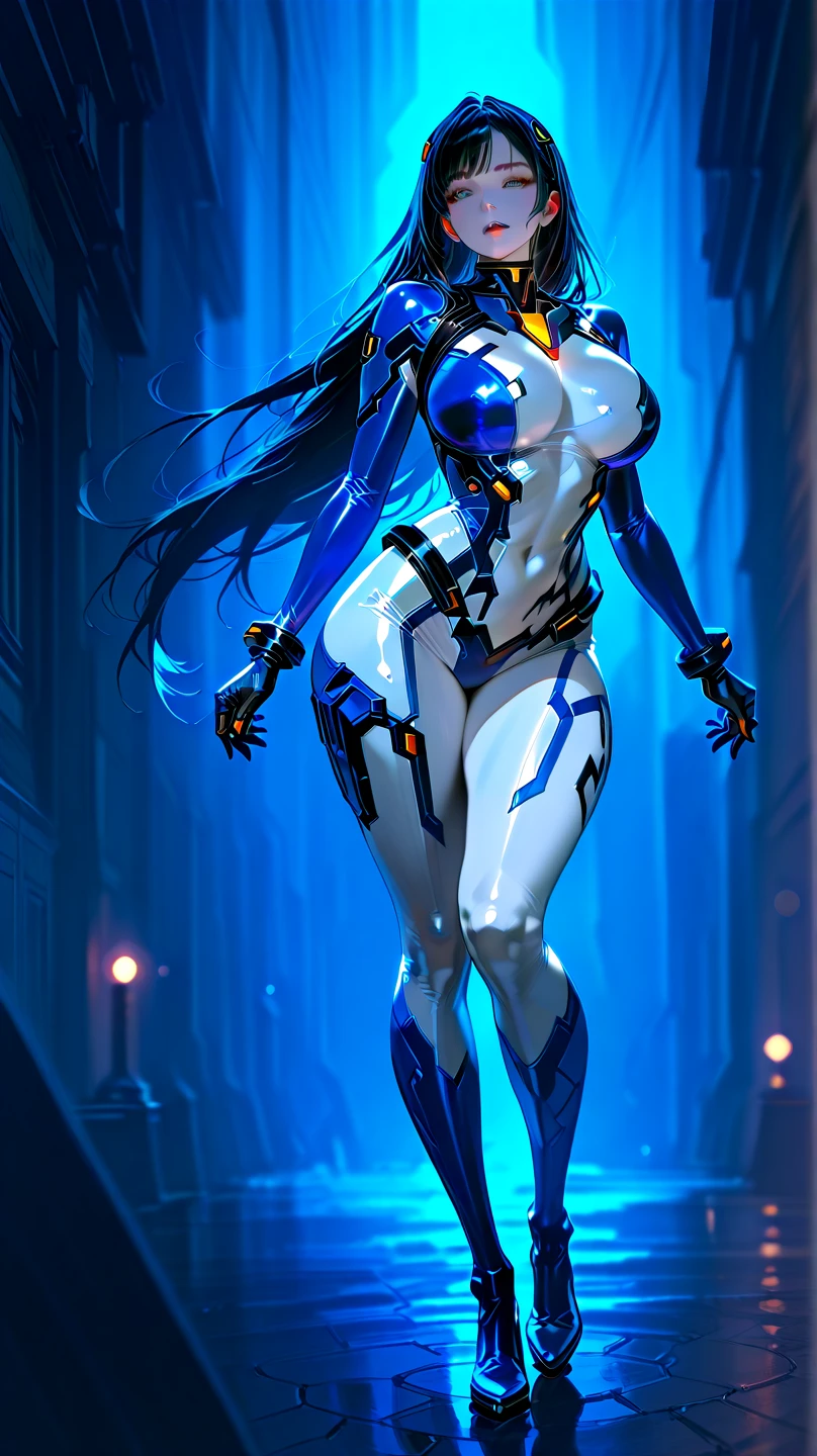 ((Masterpiece, Best Quality)), blue hair, cat tail, Green eyes, White armor, big breasts, big ass, illustration, ultra-detailed 8K, realistic, clear focus, highly detailed, professional lighting, colorful details, colors BREAK factory super long shot, (1 large mechanical robot), microchip, computer, luminescence, intricate details, shitu-mecha, 1girl downscale standing in front of the viewer, navel, in a cyberpunk city.