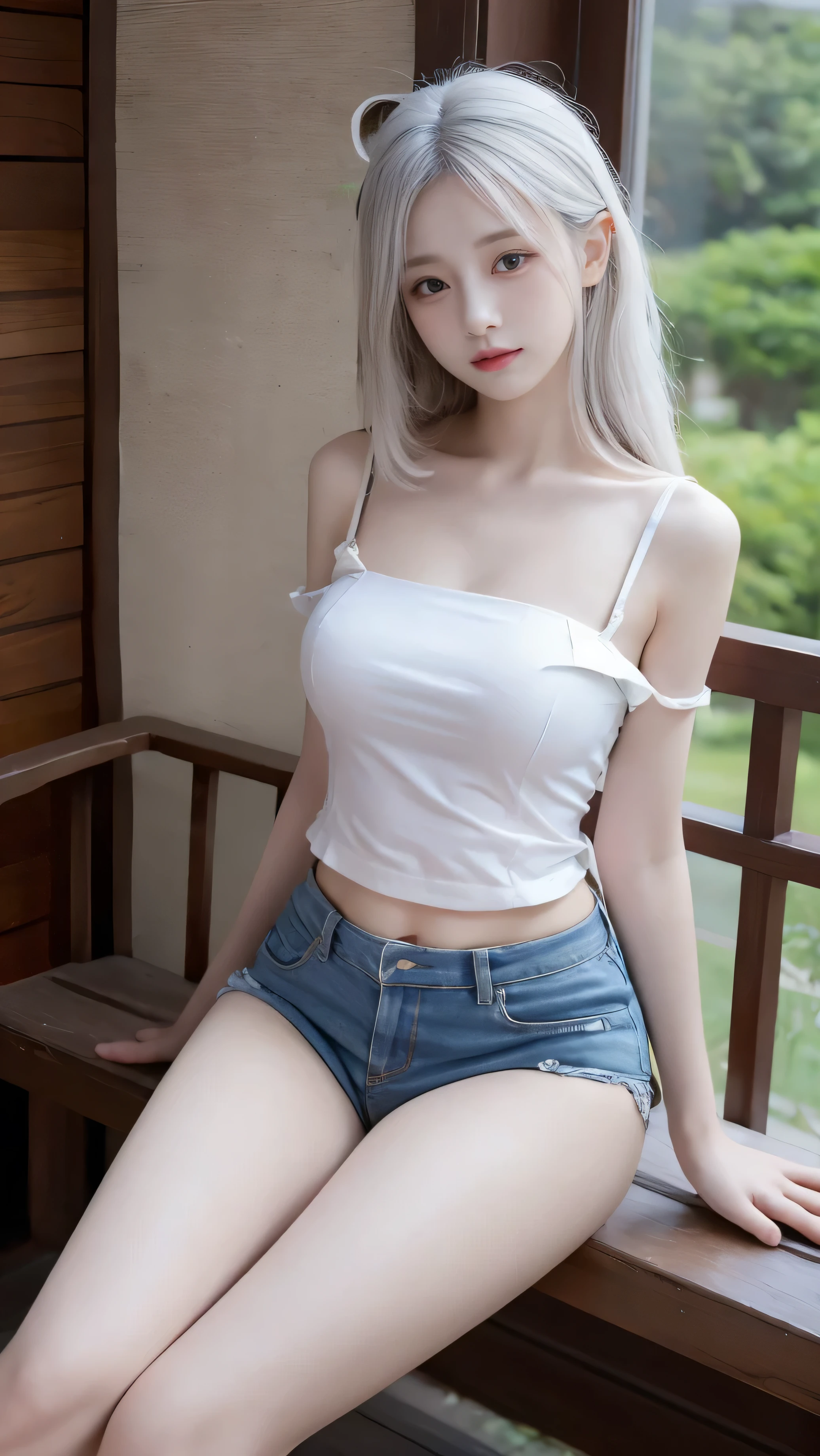 maximum resolution , 8k, 1 girl, Looking at the viewer , white hair, rainbow hair , Multicolored hair, Big Breasts, Dark Makeup, sexy front color ,Women's blouse with open shoulders, shorts,Slim legs,Ride a tiger