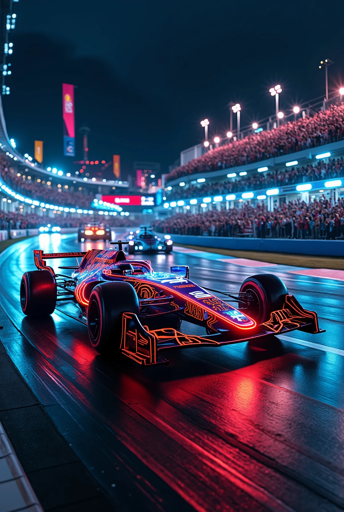 score_9, score_8_up, score_7_up, score_6_up, score_5_up, score_4_up, source_real photo, Create a dramatic depiction of a night race on a circuit at night, with F1 cars decorated with holographic advertising designs racing around the circuit, the trails of light they leave behind as they race through, and the excitement of the race track, with F1 team support flags fluttering and large numbers of spectators shouting in excitement.