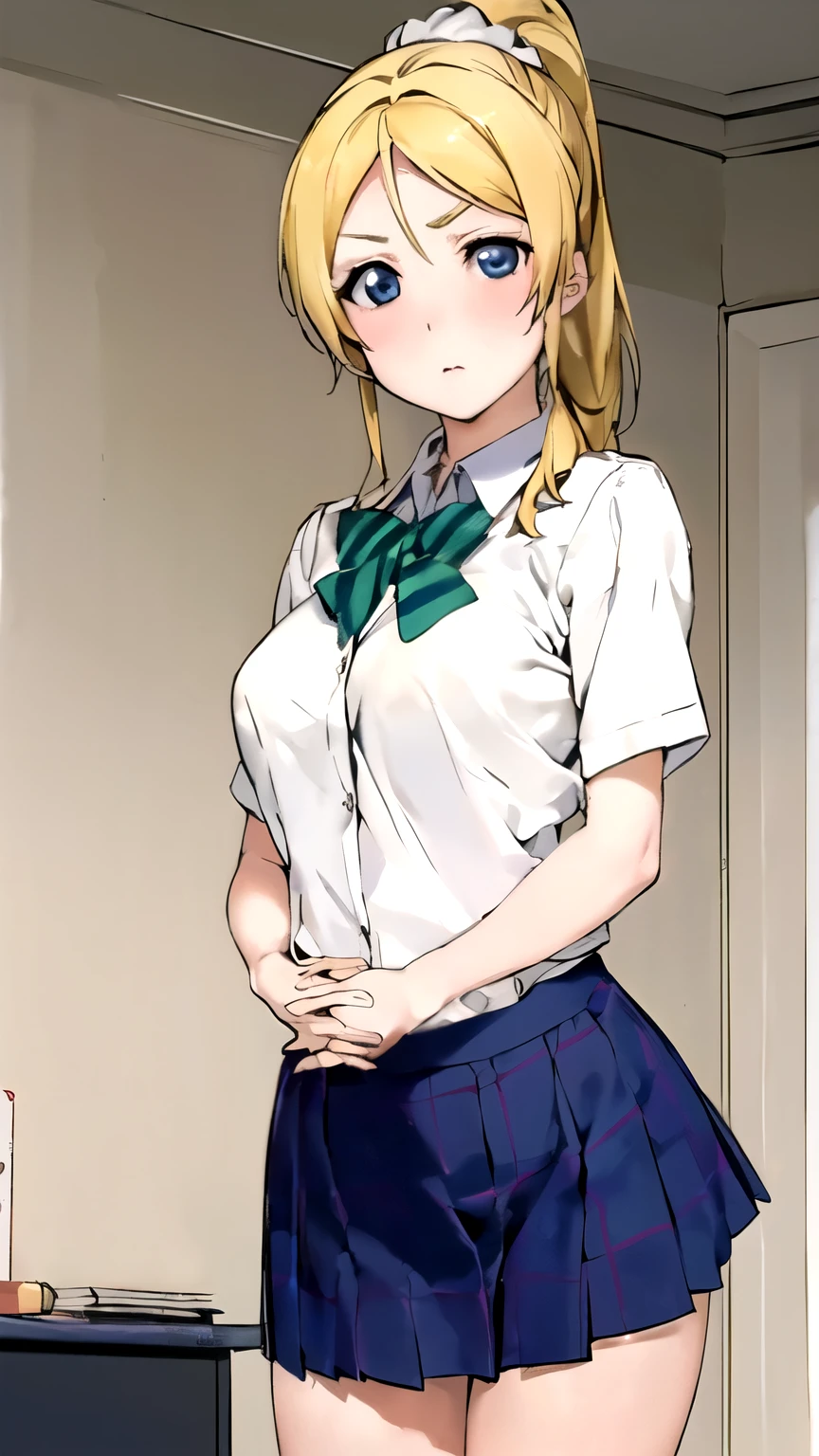 (masterpiece,best quality)),{ DATE_artstyle_LoRA(1.2( : Manga_Style } {horror_edit} { semi-color-monochrome } { :{ eri ayase, blue eyes, blonde hair, ponytail, scrunchie, perfectly_shaped_breast: perfectly_slender_body : } { skirt, school uniform , otonokizaka school uniform,, }} {standing : obedient : hands_behind_head } { no_emotion : hypnotic_eyes : hypnotized_eyes : lazy_eyes} { sweating : } { : room : dark : }