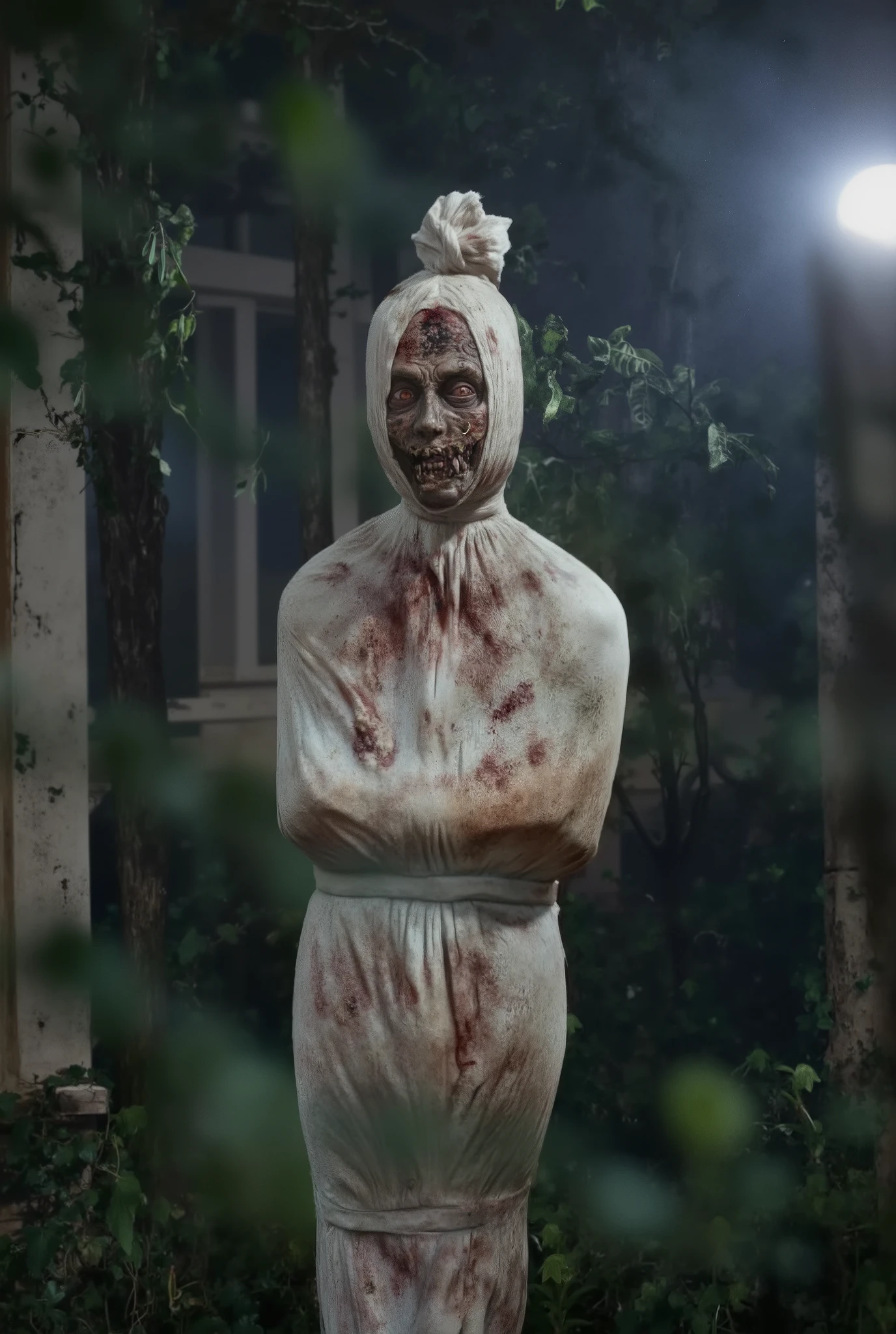 a zombie wearing white clothes. Open mouth, full body portrait, zombie face at night, dark background, old hospital, horror, gloomy, moody lighting, (best quality,4k,8k,highres,masterpiece:1.2),ultra-detailed,(realistic,photorealistic,photo-realistic:1.37),horror,dark,dramatic lighting,eerie atmosphere,detailed face features,long claws,decaying skin,bloodshot eyes,sharp teeth,tattered clothes,dirty,grime,dilapidated building,cobwebs,shadows,fog,cinematic composition. focus on the face