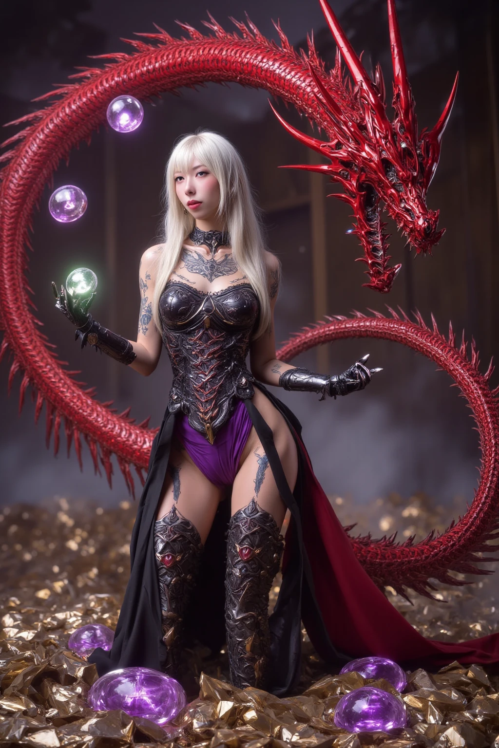 (Full Body of Extremely Detailed Dragon girl) with pink eyes long purple hair in a high ponytail, liquid hair, flowers, (Huge dragon head) in background, negative space, TopQuality 8k UltraDetailed Masterpiece, realistic, photorealistic, HDR ultra-fine painting, sharp focus, physically-based rendering, extreme detail description, professional, Bright colors, bokeh, (Exposed Hourglass Body Shape)