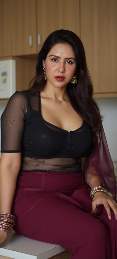 South Indian women, wearing cream colour chiffon transparent shiny skirt and black chiffon shirt