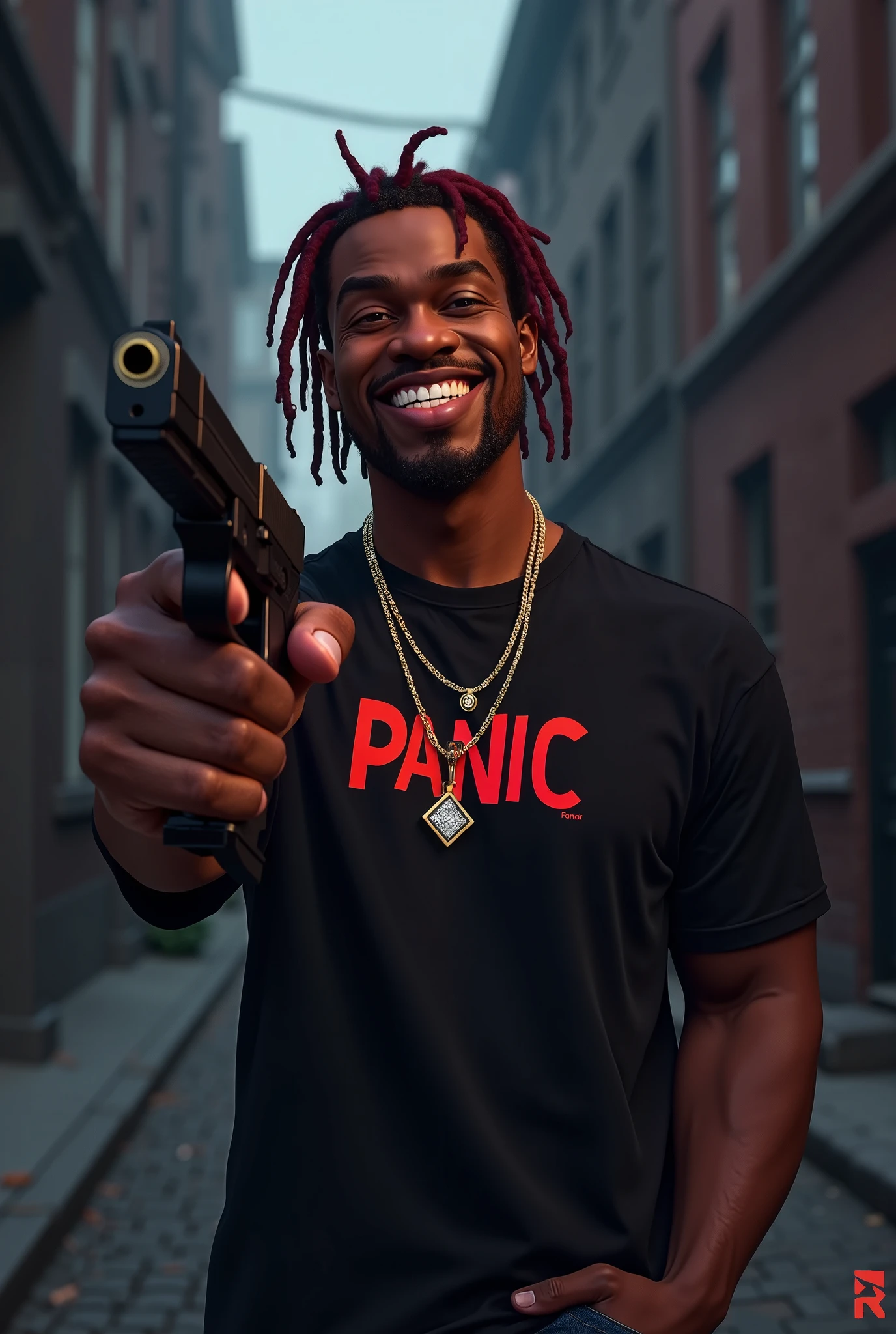 blond-haired man. He’s wearing a black T-shirt, blue jeans and white basketball. He’s laughing. His eyes are scary. He has red blood on his hands and on his clothes. Around him are burning ruins and buildings. [Boy] [Bad] [Red Blood] [Laugh] [Scary]