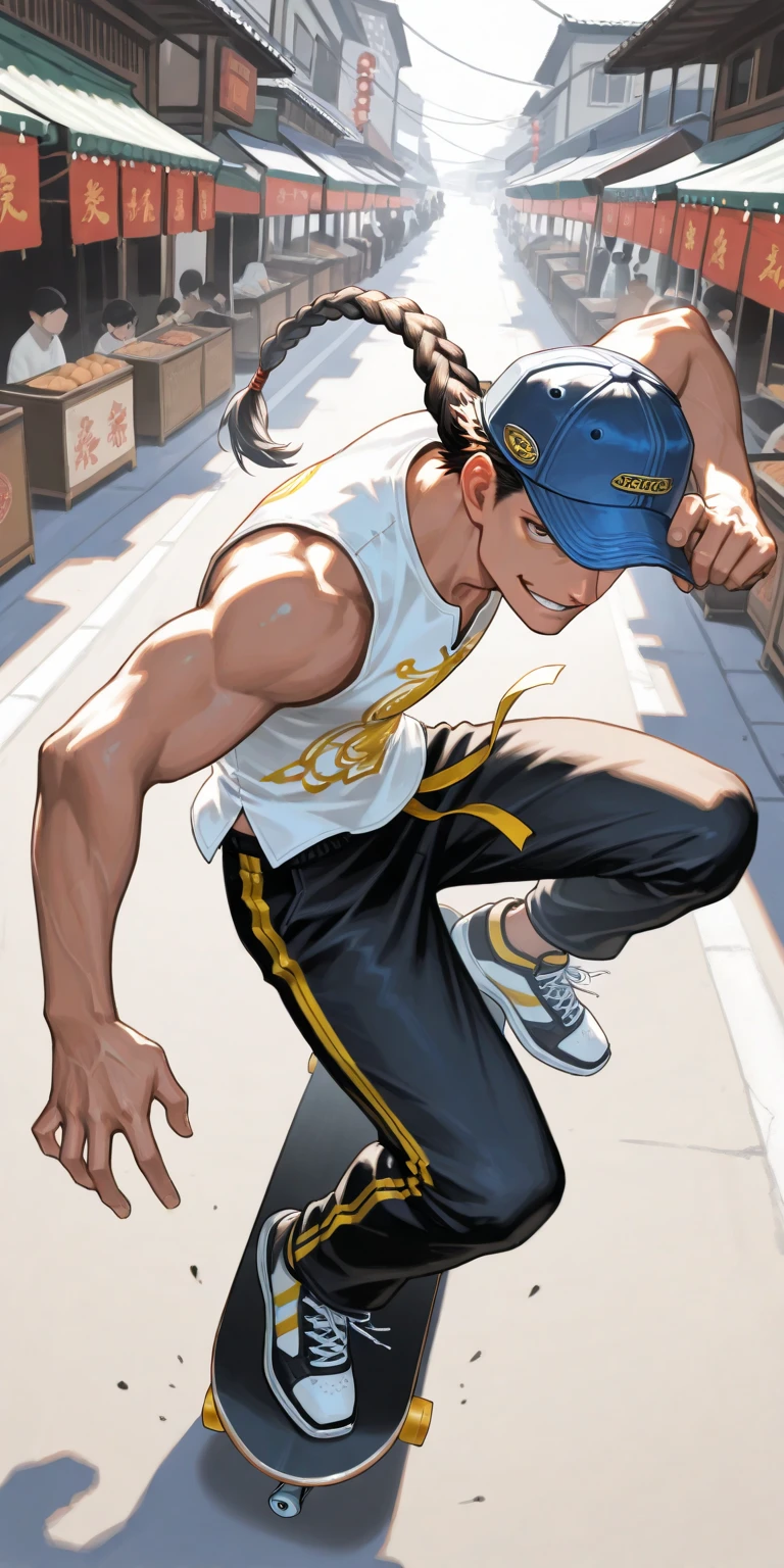 1boy\((Yun\(Street Fighter 4\)), (young), jumping high on skateboard, hand at cap brim, eyes hidden by on deep pulled down cap,(blue cap with (yellow brim:1.2)), long braid hair,black  loose  (Wudang Tai Chi pants),white sleeveless (Wudang Tai Chi Shirt), sneakers,big smirk,slim,\), street of old China countryside market, dynamic Pose, dynamic movement, dynamic angle, action scene, motion blur, vibrant Hong Kong people, rearistic,masterpiece, best quality, dynamic concentration line