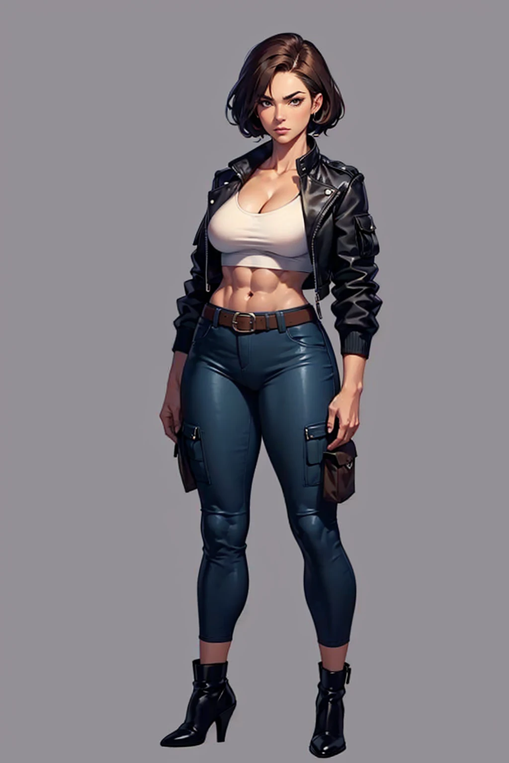 full body portrait, Lara Croft, 1980s \(style\), 1 girl, black hair, retro artstyle, Thomb Raider, short curly hair, solo, unbutton_shirt, (natural_breasts:1.2), medium_breasts, cleavage, white bra showing, lace white bra, full body shot, model pose, shoes visible, ass view, face view, multiple viwes,