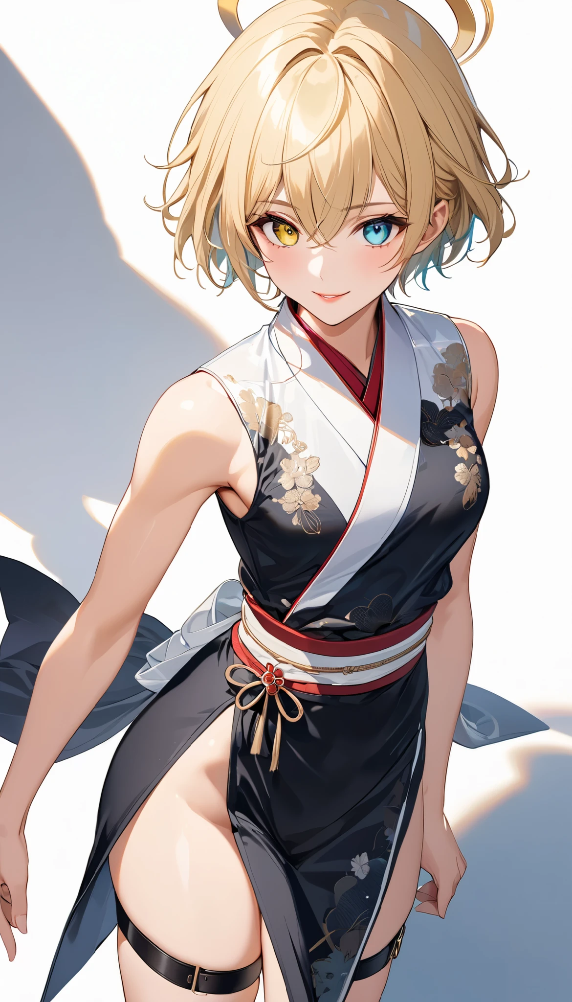 1boy ,
{ standing}
Alone,
Height: 158cm,
Beige Skin,
Cheeks are ruddy,
{{The iris on the left is medium aquamarine and the iris on the right is yellow }}
{{Complete iris heterochromia }},
beautiful eyes,
large black pupils ,
Short short hair,
blonde,
the tips of the hair are whitish ,
The hair has gradation ,
glossy hair,
young but beautiful and bewitching face ,
The lips are extremely small,
smiling ,
A small, shining halo is floating above her head.,
the tips of the eyebrows are slightly lowered ,
the upper body is worn in kimono ,
I have thin pectoral muscles ,
six pack,
Slim waist,
thin legs,
My lower body is long, transparent clothing like a Chinese dress with slits at both hips,
The color of the obi is red ,,
The obi is tastefully embroidered with silver thread.,
fine fabric clothing ,
I have male genitals underneath my jockstrap underwear ,
the thigh strap cuts into the skin ,
Are the tips of long boots Japanese style,
Isometric,
golden ratio,
god々 atmosphere,
wearing a padded collar innerwear ,
white background,
tactical use of shadows ,
the ring of the head and hair fit inside the frame ,
Clothes fit inside the frame ,
{ full shot}
facing the front,
fresh illustration ,
Superfine painting,
very delicate illustration ,
Very fine details ,