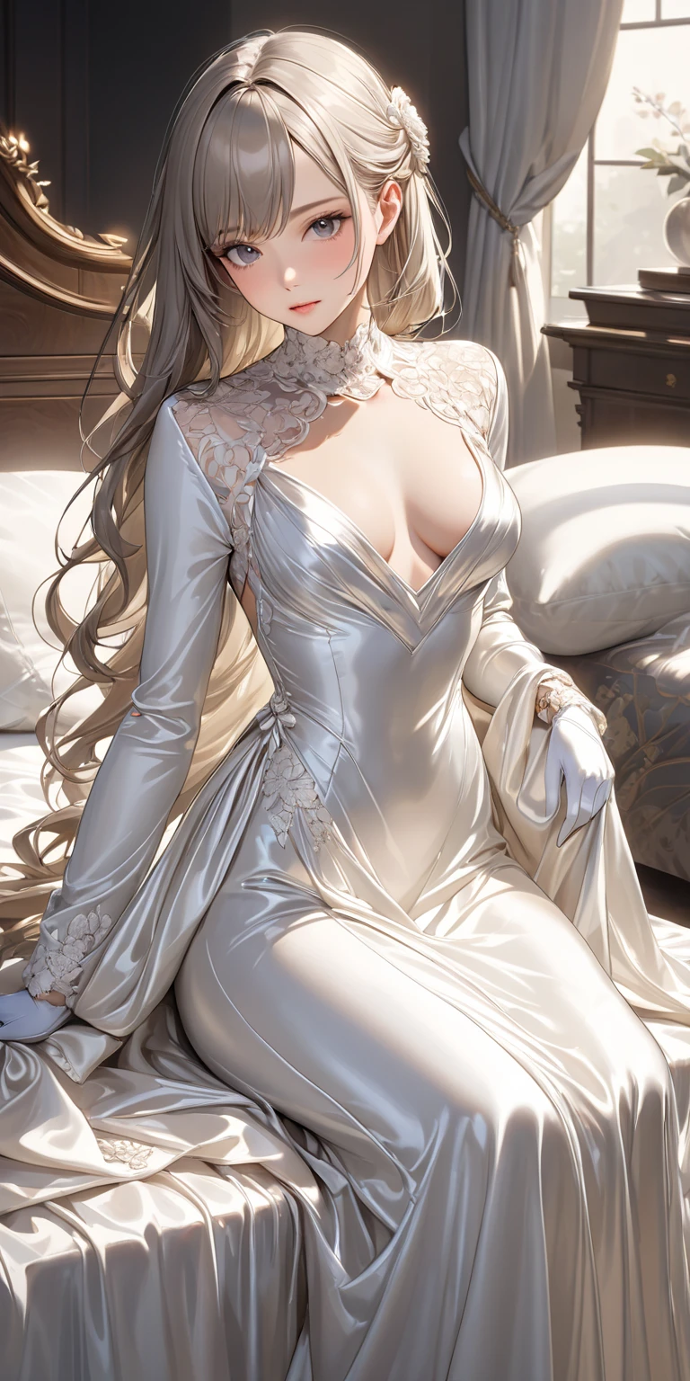Photorealistic, high resolution, 1woman, Solo, view the viewer, (Detailed face), Long wavy blonde hair, white nightgown dress,adult,zelda,(see-through:0.6),cute,25 years old,laying on bed, (from above),blonde,(large eyes),(smiling:0.4)(shy:0.9)(large eyes:0.3)(blushing:1),(full body),(bare legs)(bare shoulders)