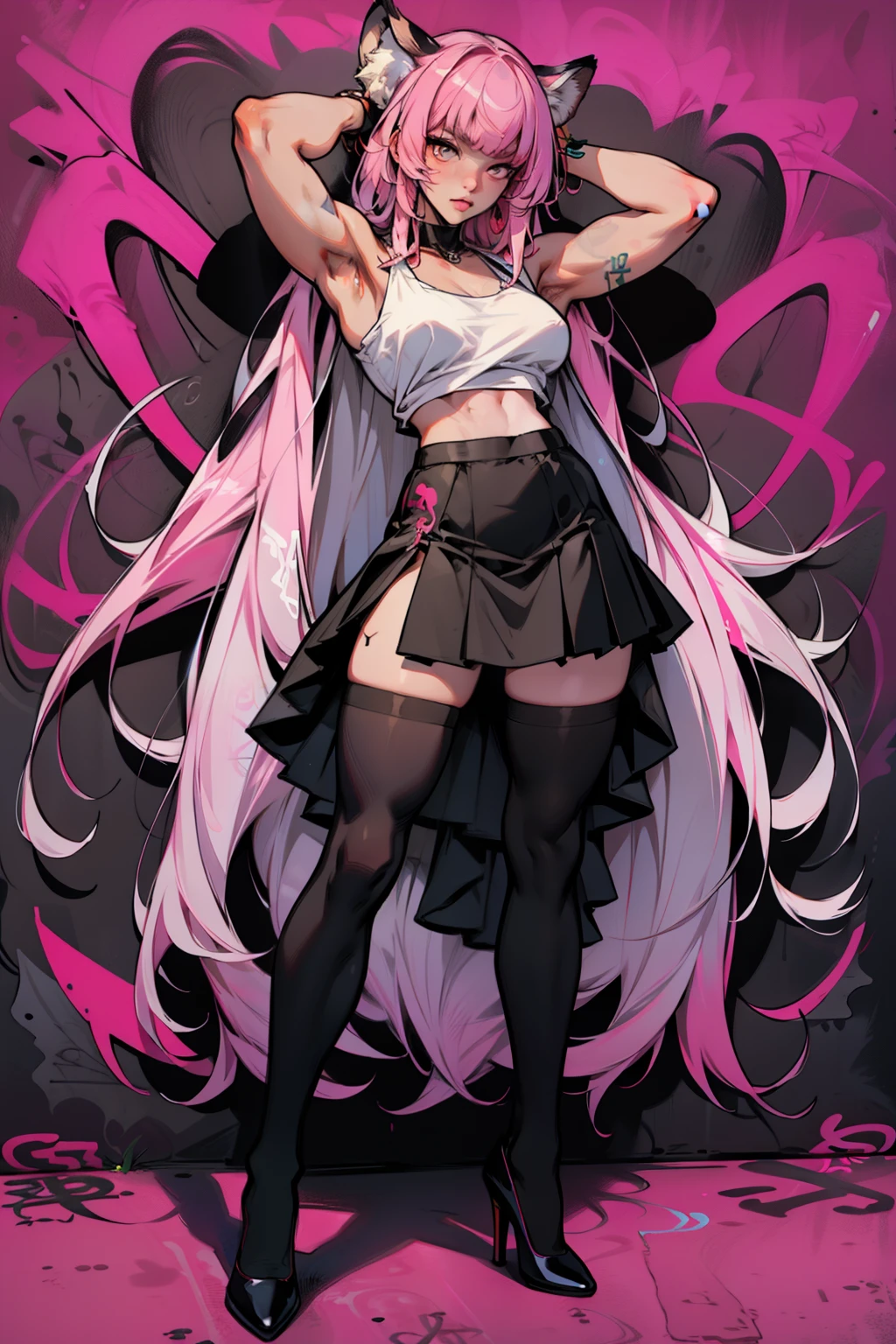 (( masterpiece, high quality, posing, 8 k, wallpaper, detail, realistic)), korean pop star , thighhighs, high-heeled shoes, fluffy skirt, Long legs, skinny, pink hair , Bobcat, beautiful arms , fringe , full height, simple red background , palm trees, (graffiti wall :1.2), muscular,