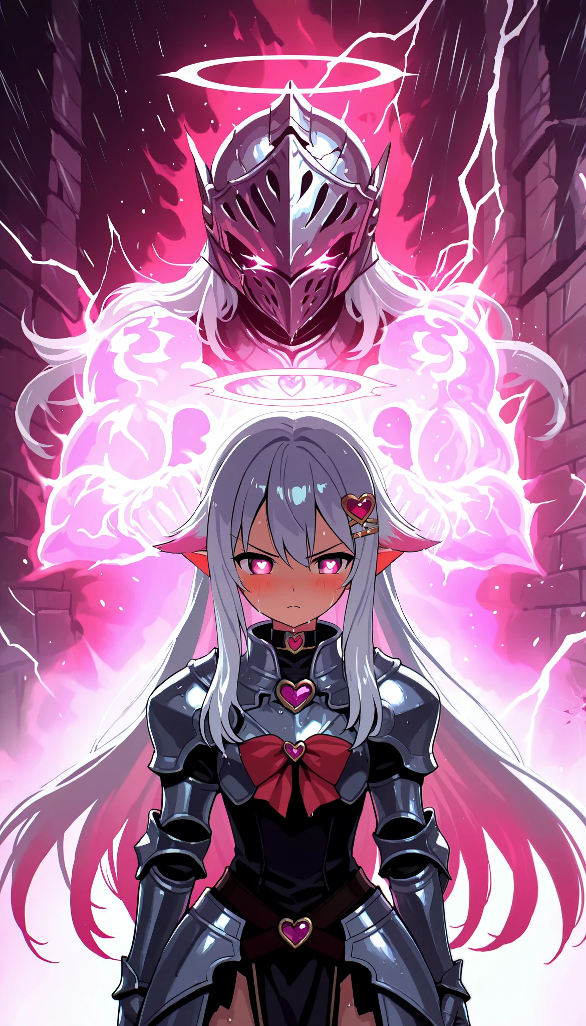 score_9, score_8_up, score_7_up, score_6_up, score_5_up, score_4_up, 1girl, fantasy, petite, halo, upper body, hair clip, from behind, angry, looking away, blush, pink eyes, symbol-shaped pupils, heart shaped pupils, pointy ears, long hair, headwings, hair flaps, white hair, multicolored hair, pink tips hair, bangs, hair between eyes, hair ornament, heart choker, red bow, headwear, knight helmets, medieval helm,steel armored clothes, wet armor, angel knight, heart hair ornament, clenched fist, punching to walls, standing, great front spirit, knight spirit, cracked wall, rainy, lightning, front view, shape hand changed, pink crystal hand, crystal hand skin, shiny, shiny crystal skin, white steel armored clothes, pink Ruby hand, cinematic lighting, motion blur, motion lines, anime screencap, red aura, HyperHelmets