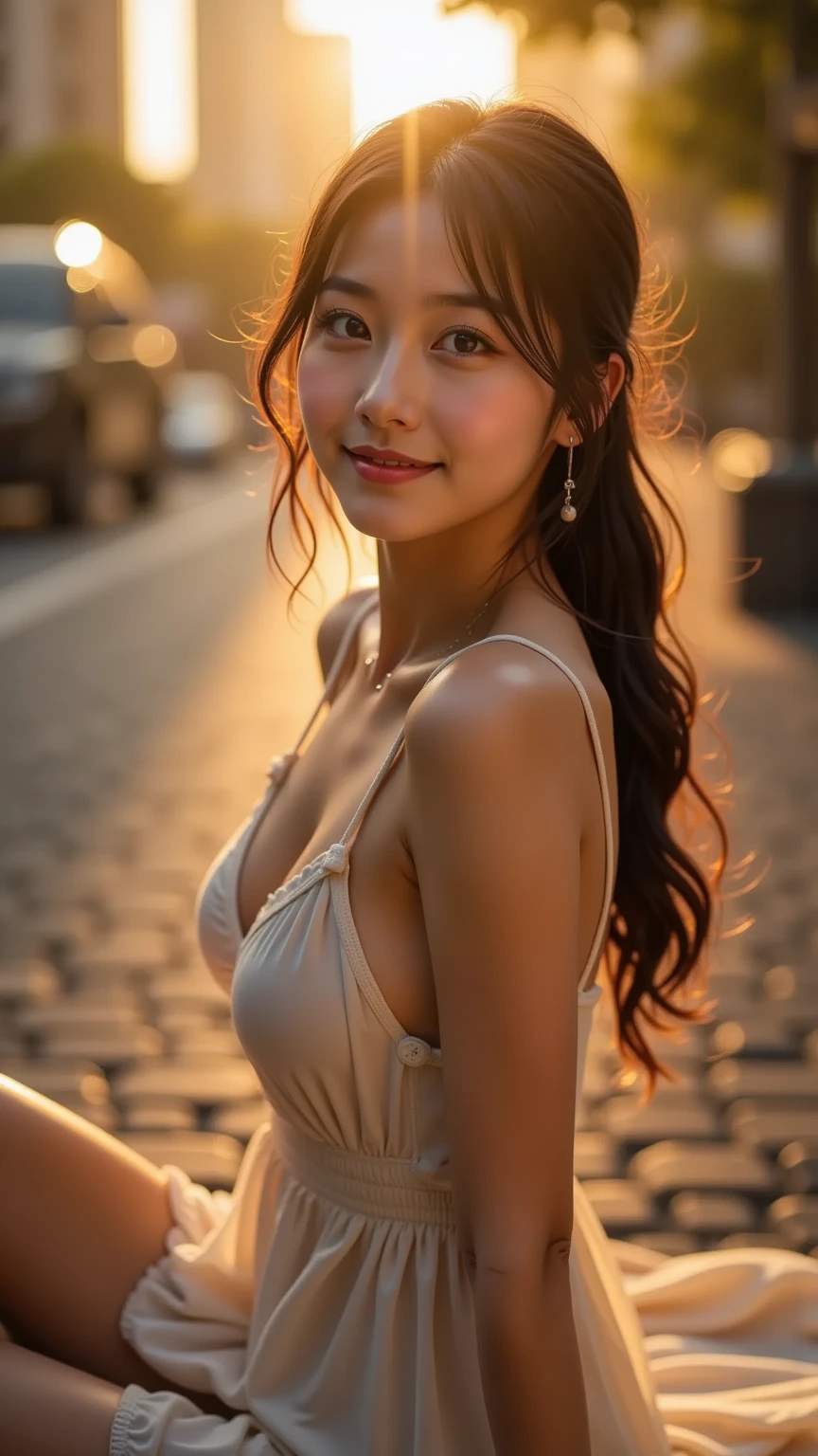 realistic photos of (1 cute Korean star) curtained hair, thin makeup, 32 inch breasts size, slightly smile, wearing gold tank top, hugging, standing at the street, night, upper body portrait, ray tracing, glowing light