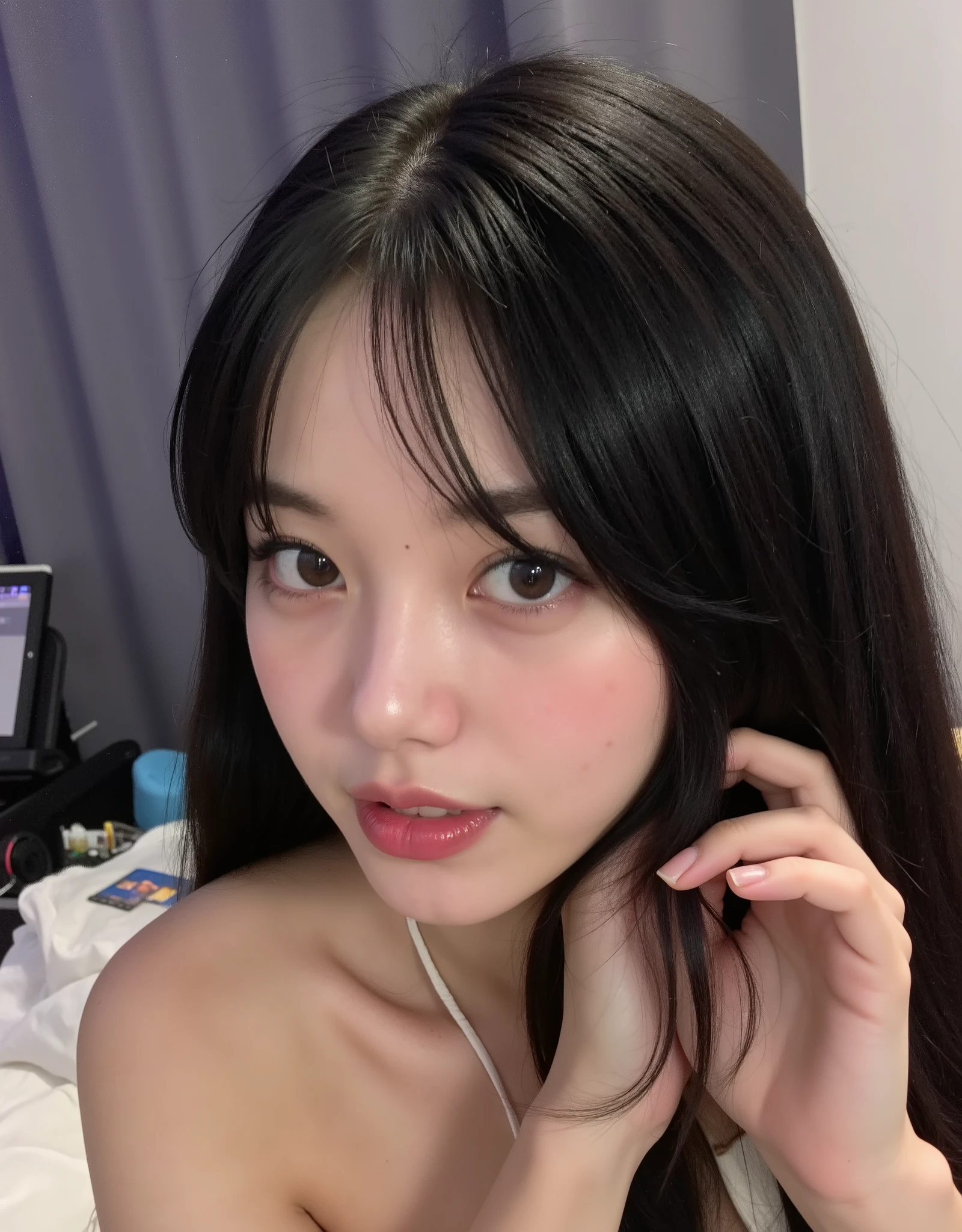 yung, 3 garotas, 3 irmas, selfie, 3 korean, idol, magro , olhos puxados, olhos grandes, franja separada do lado direito , youthful appearance , light black hair , detalhes eyes, pupil , iris, smiling, grin, Rounded face, youthful appearance , sentada na beira da bed, nudes , vintage aesthetics ,cute face, full lips, long hair, volumoso hair, luz media, luz Environment, schedule :night , reflexos no Environment, Environment focado, looking, Environment:Room, bed, being, objects, leds, olhos revirados, possuida, with text: "nokes369", 3 girls, sisters