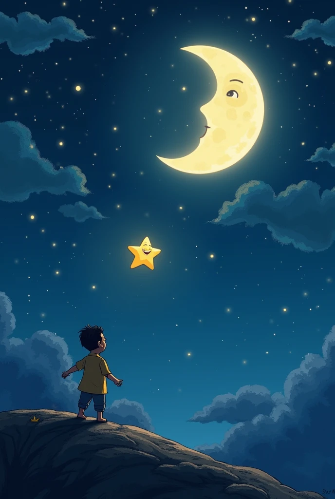 Little boy，Sit on top of a hill，Stars sparkle all around，some small stars scattered in the night sky，sparkling in the night sky，There are also a few little yellow stars flying around the little boy，Cute and dreamy style，Cute and dreamy，Styled in deep sky blue and light gold，cartoony，pixar-style，cartoonish style，Animation style，Fairy tale--niji 5