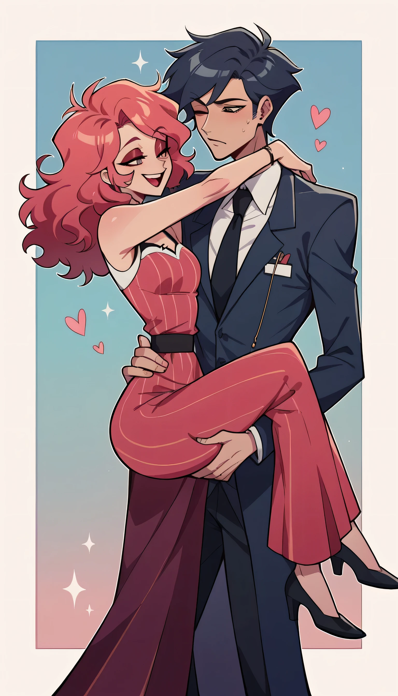 better quality, very detailed illustration ,two people, two boys and girl, short girl, couple, long ruffled voluminous bouncy hair , playful look, delgado, ideal body, thin waist , wide hips, simple drawing, Artifyber style , pastel flat colors , sleeveless shirt, bellbottom pants, suit and tie, fancy, tall thin human man, boy fluffy hair, carrying person
