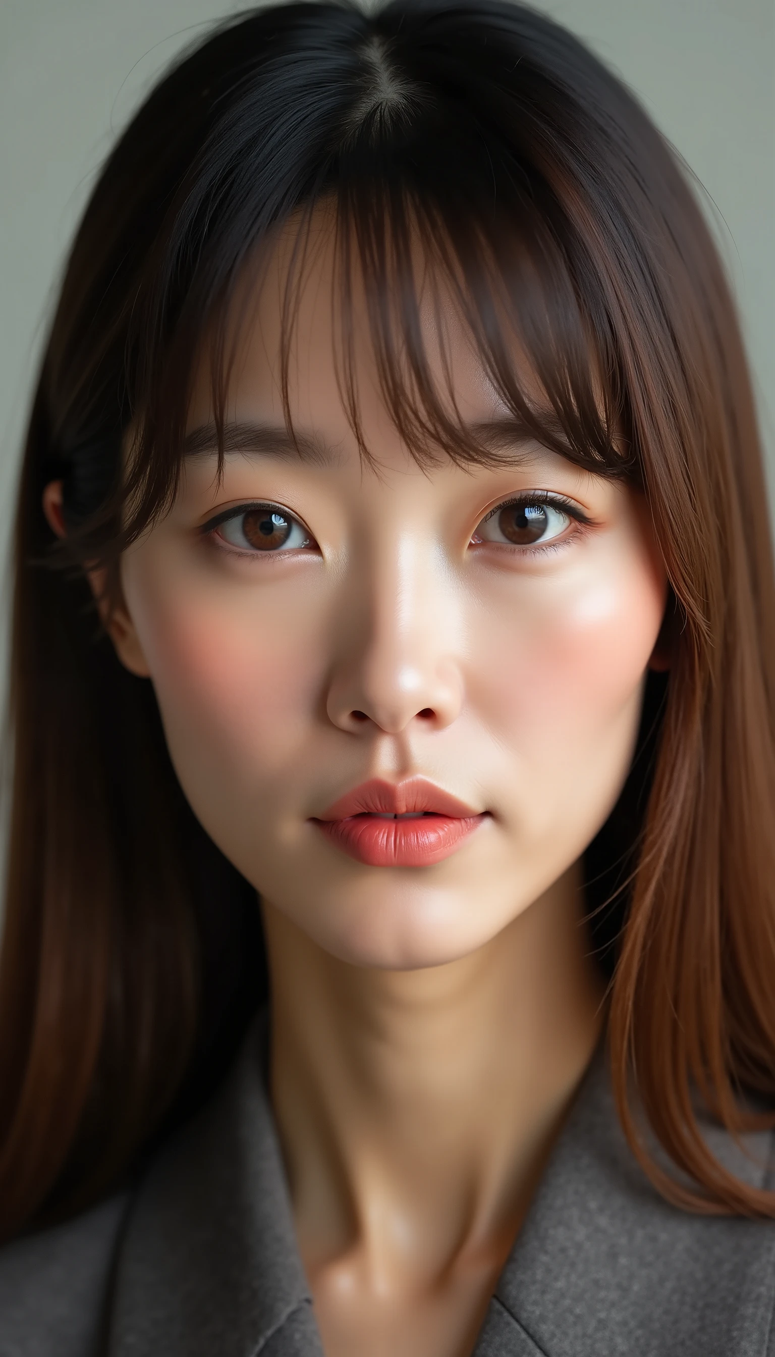 close up of face, front view, 60 years old Japanese beautiful mature woman, elongated face, sharp face, brown long straight hair with bangs, masterpiece, highest quality, best quality, ultra detailed, realistic, photorealistic, high resolution, perfect composition, 4K,